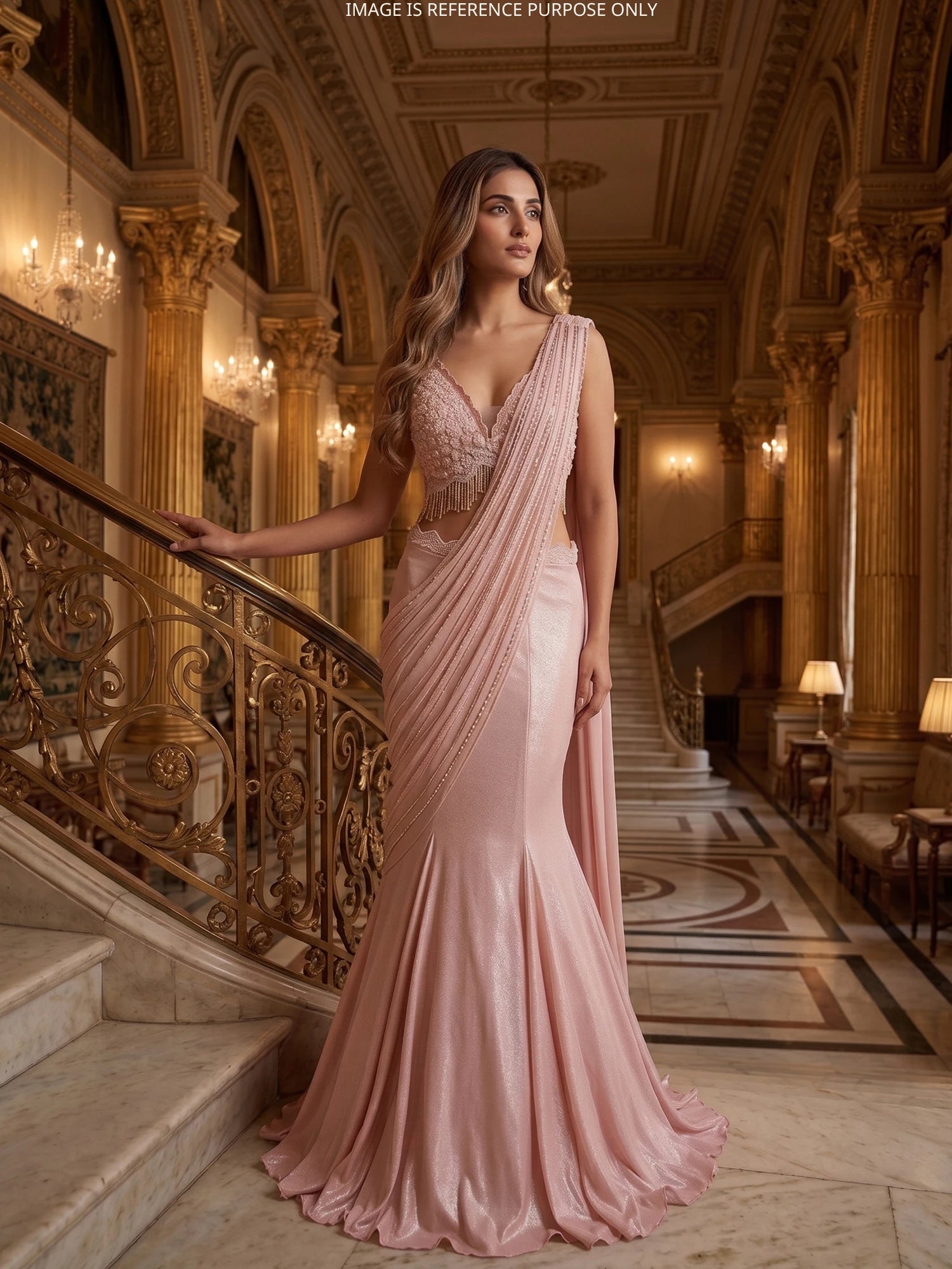 Majestic Light Peach Imported Fishcut Lehenga With Designer Drape