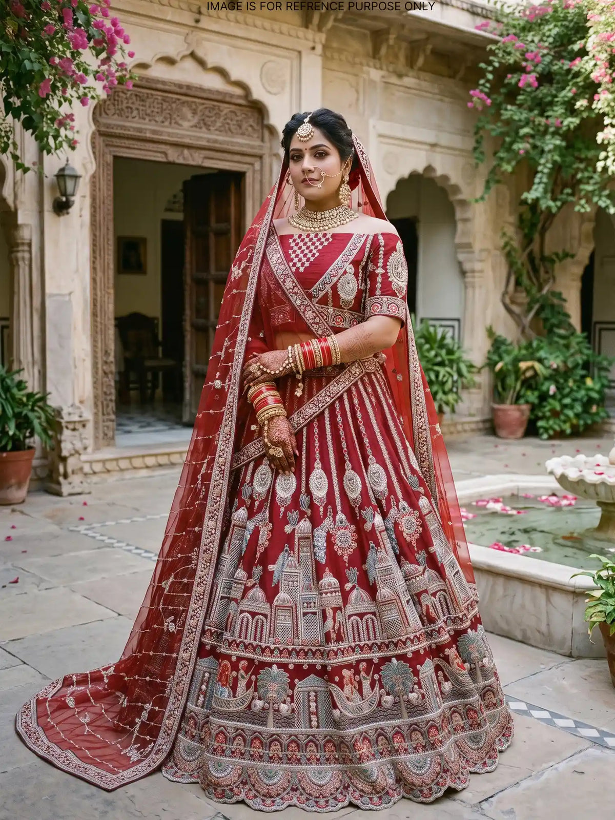 Majestic Maroon Silk Bridal Lehenga with Scenic Royal Palace Embroidery