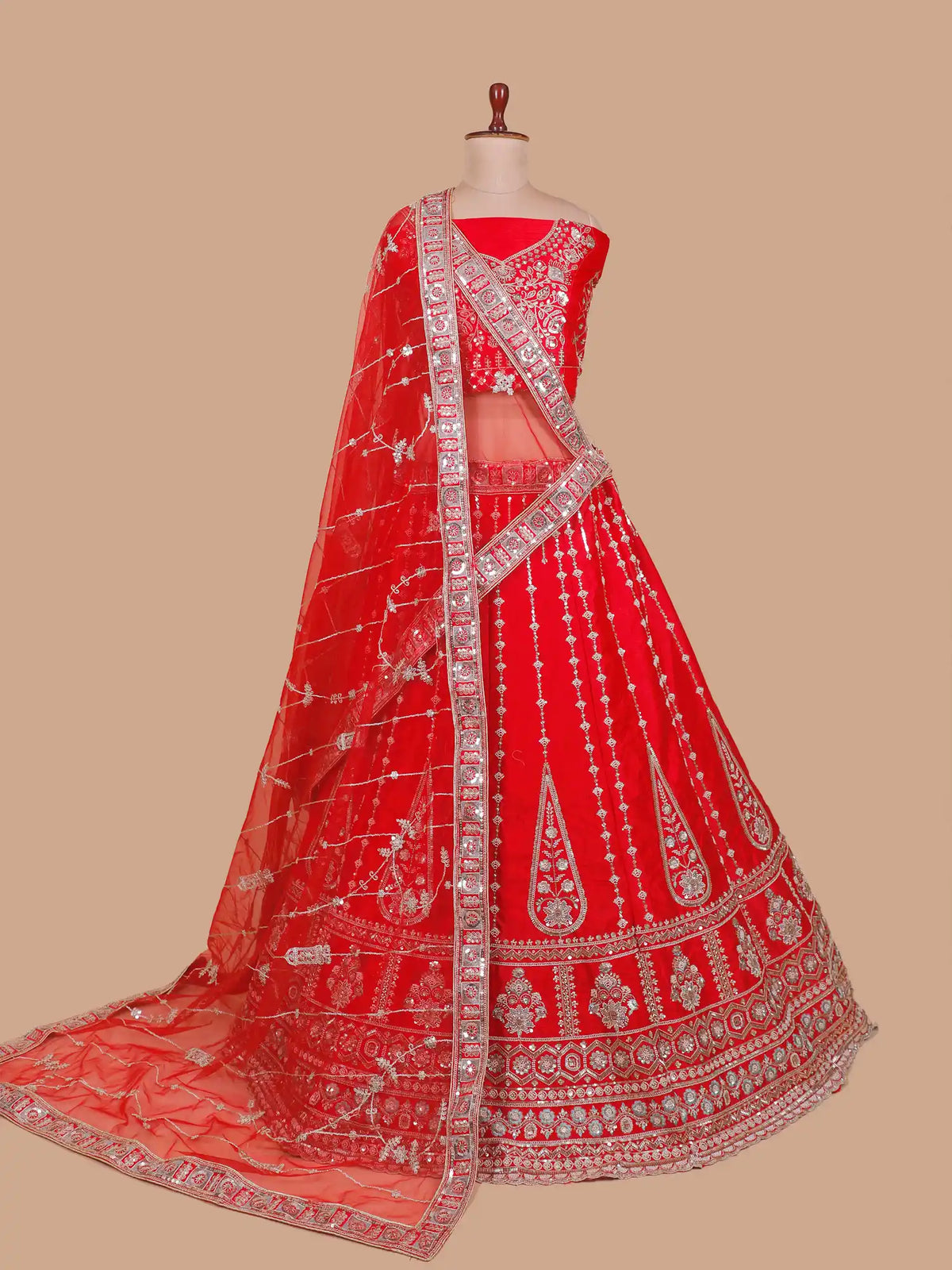 Majestic Red Wedding Lehenga with Silver Thread and Sequin Work