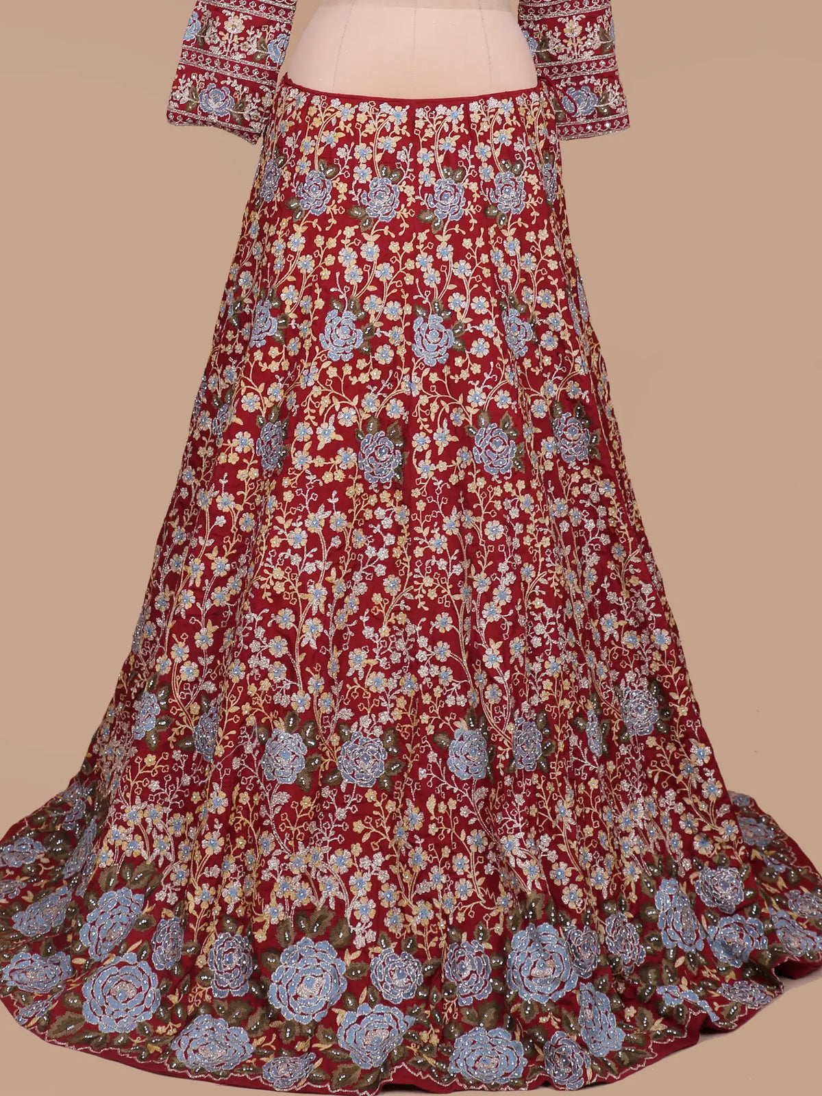 Eye Catching Maroon Georgette Lehenga Choli With Blue Rose Floral Design
