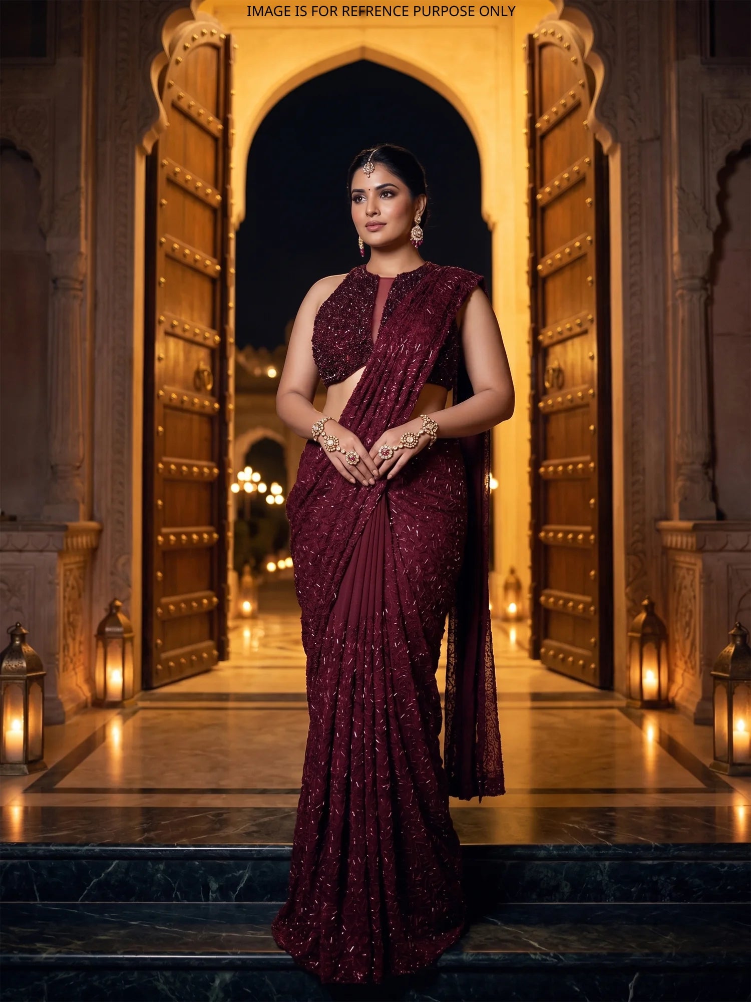 Maroon Designer Pre-Drape Saree Defined By Cut Dana Moti Work