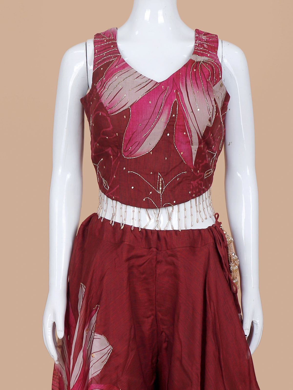 Get Maroon Silk Indo Western Palazzo Suit Featuring Floral Print and Ruffle Dupatta