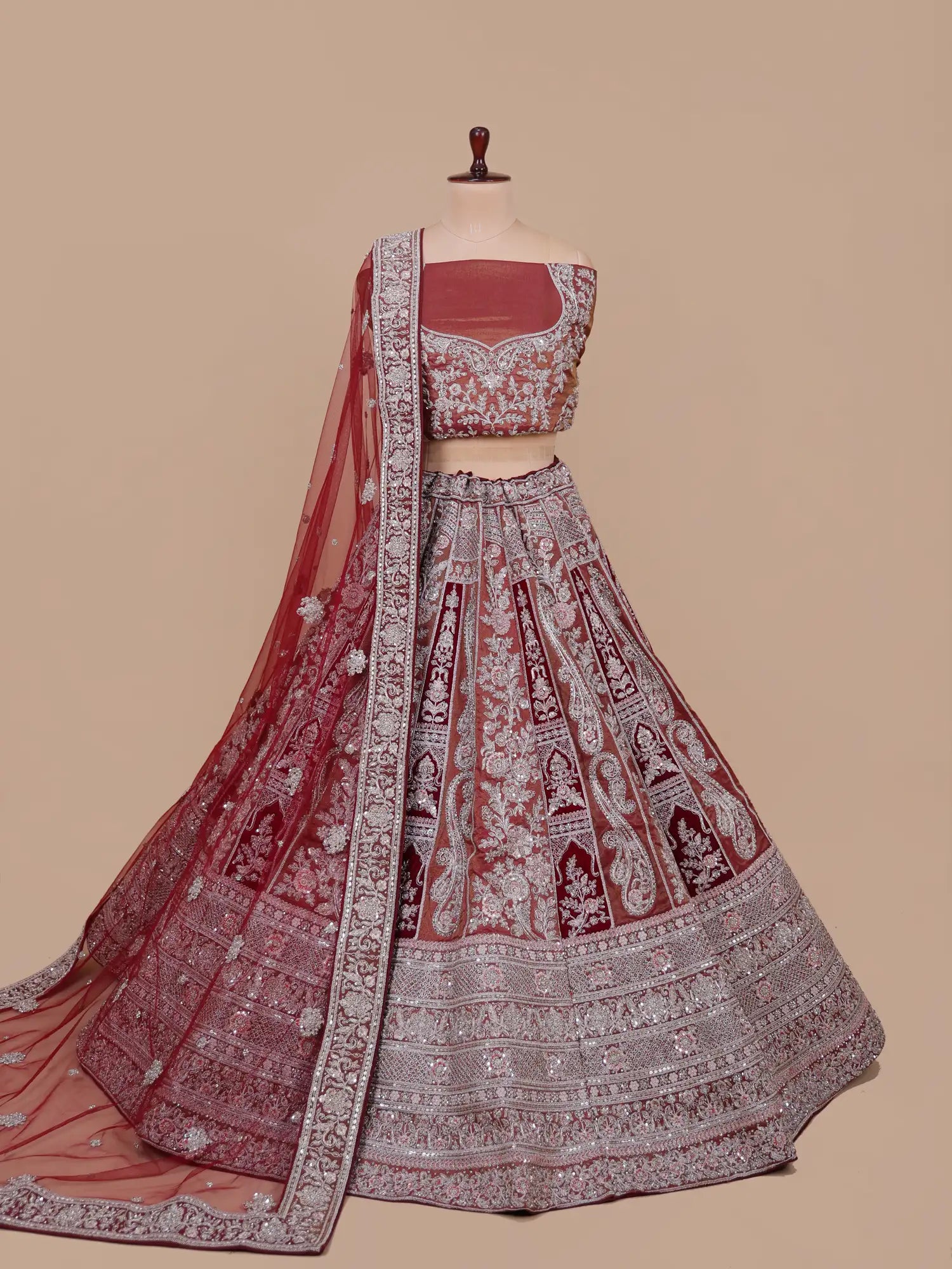 Maroon Shimmer Heavy Diamond Work wedding lehenga for bride