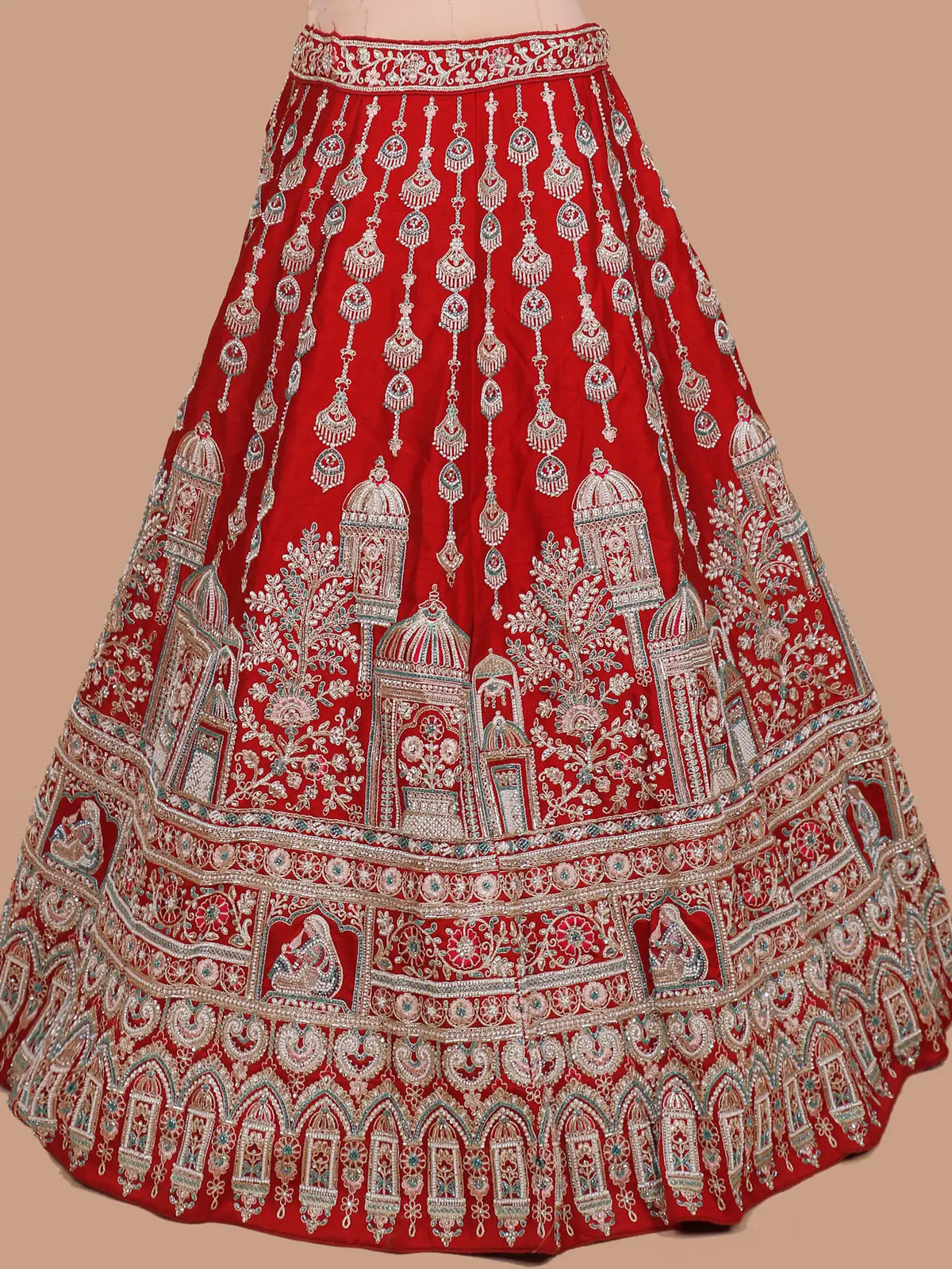 Maroon Raw Silk Bridal Lehenga Featuring Palace and Dulhan Scenes