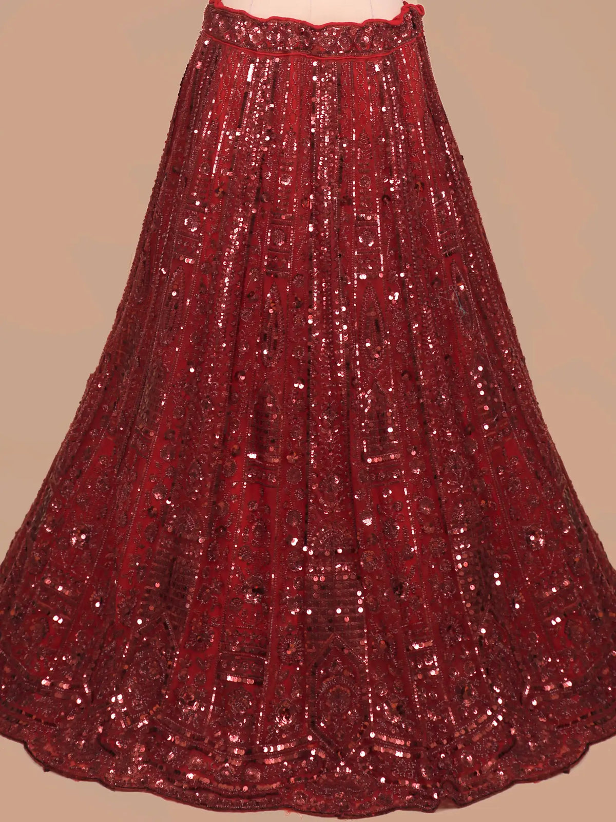 Maroon Silk Net Lehenga Featuring Heavy Sequin Panel Work