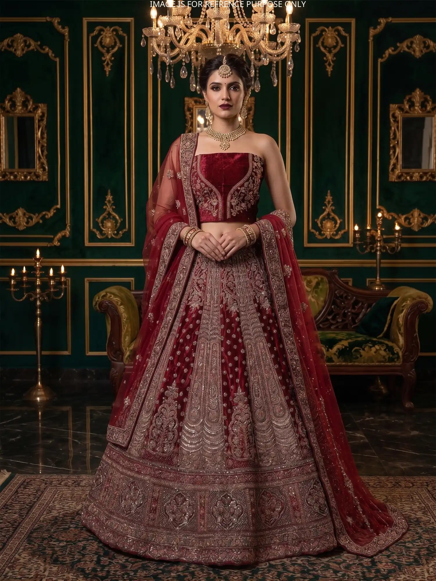 Maroon Unstitched Velvet Bridal Lehenga With Diamond Thread Craft