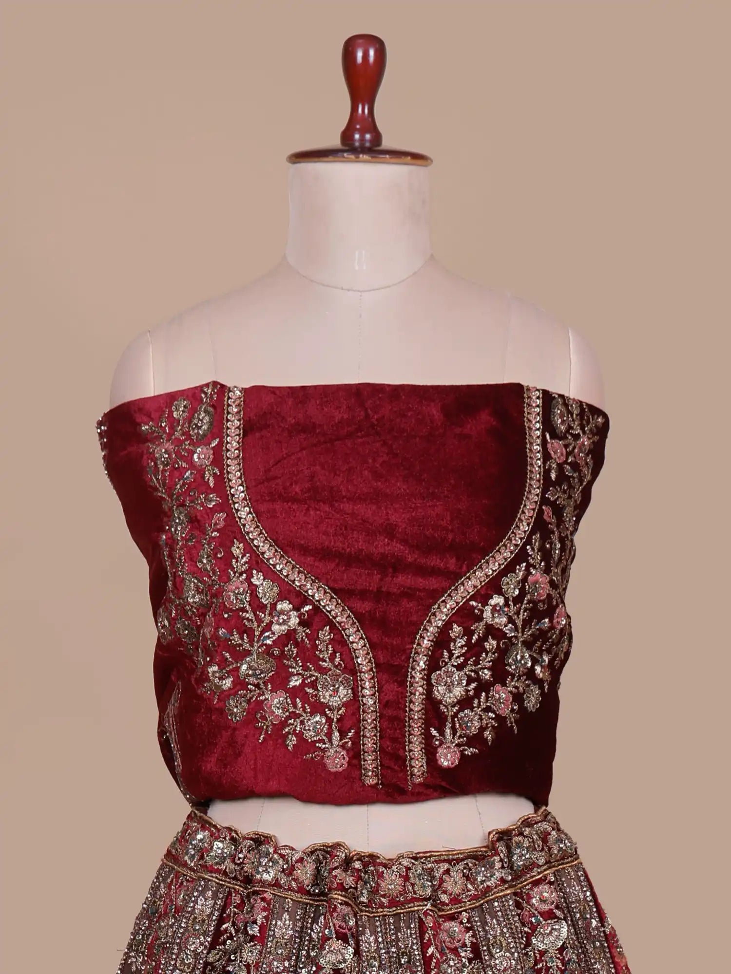 Maroon Unstitched Velvet Bridal Lehenga With Diamond Thread Craft