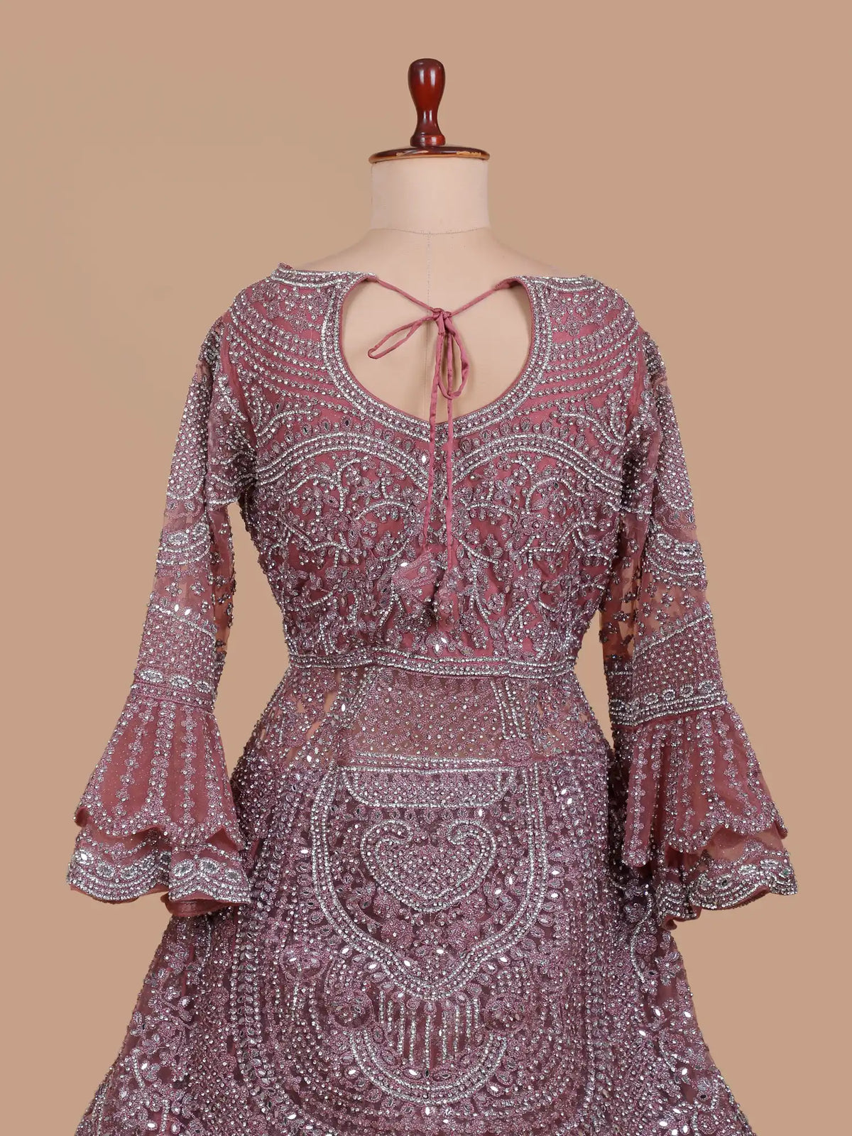 Mauve Peplum Lehenga with Chevron Waist and Floral Mirror Work