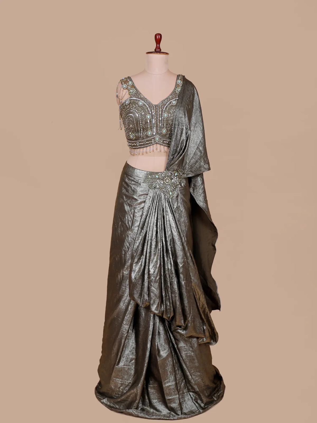 Stylish New Arrival Mehendi Green Imported Pre Draped Saree With Stone Work