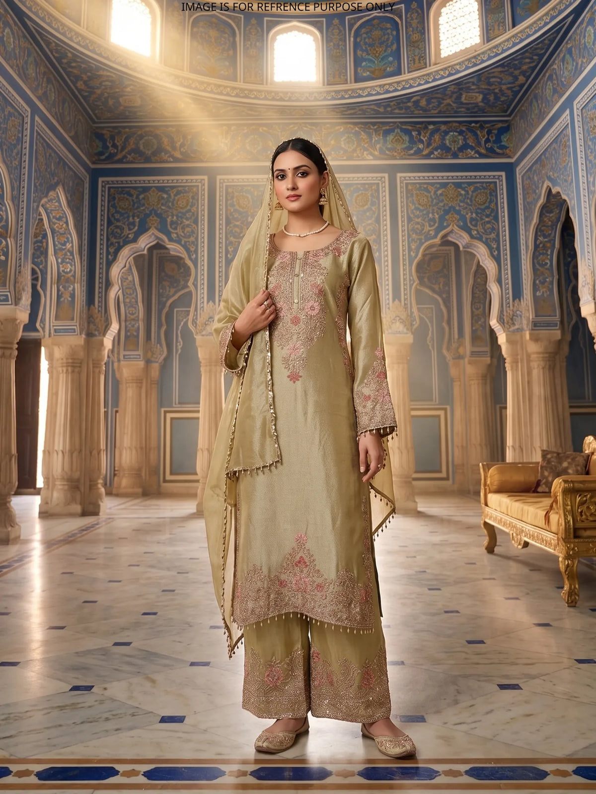 Mehendi Organza Luxury Salwar Suit with Pink Floral Bead Embroidery