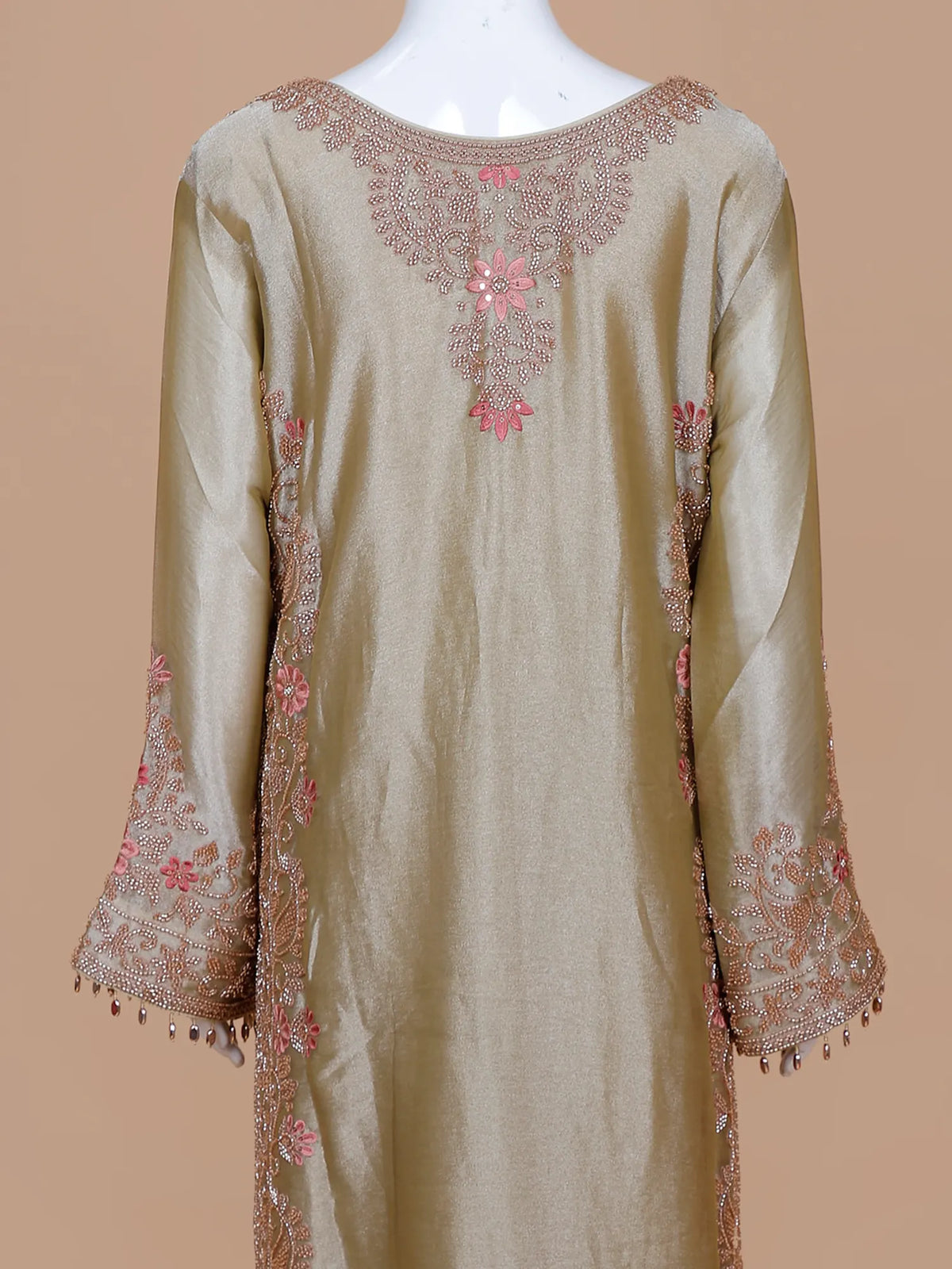Mehendi Organza Luxury Salwar Suit with Pink Floral Bead Embroidery