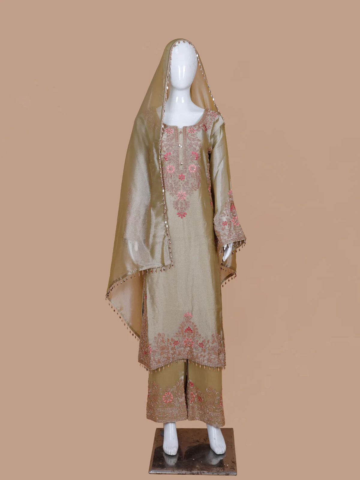 Mehendi Organza Luxury Salwar Suit with Pink Floral Bead Embroidery