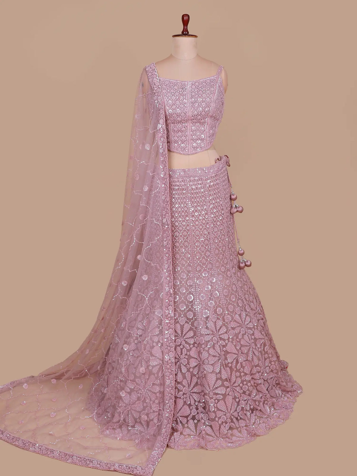 Rosy Pink Net Mermaid Fishcut Lehenga Featuring Beads Work