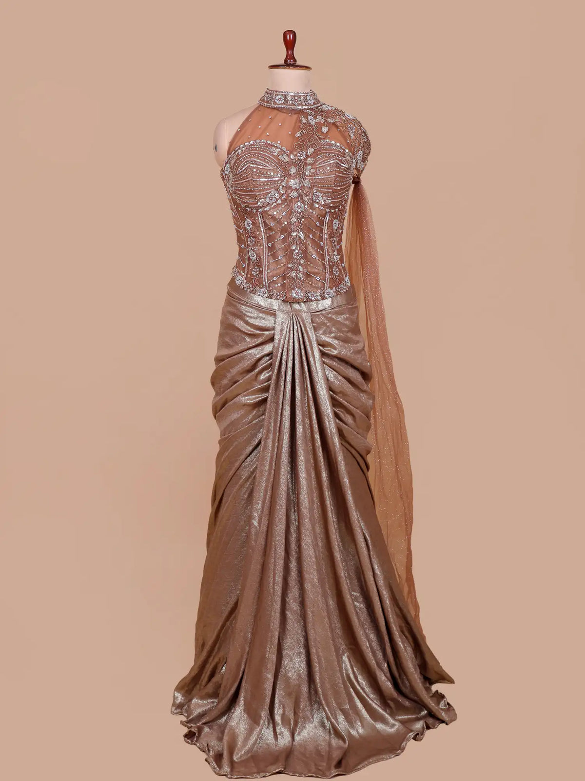 Glamorous Metallic Bronze Imported Pre Drape Saree with Beaded Corset Blouse