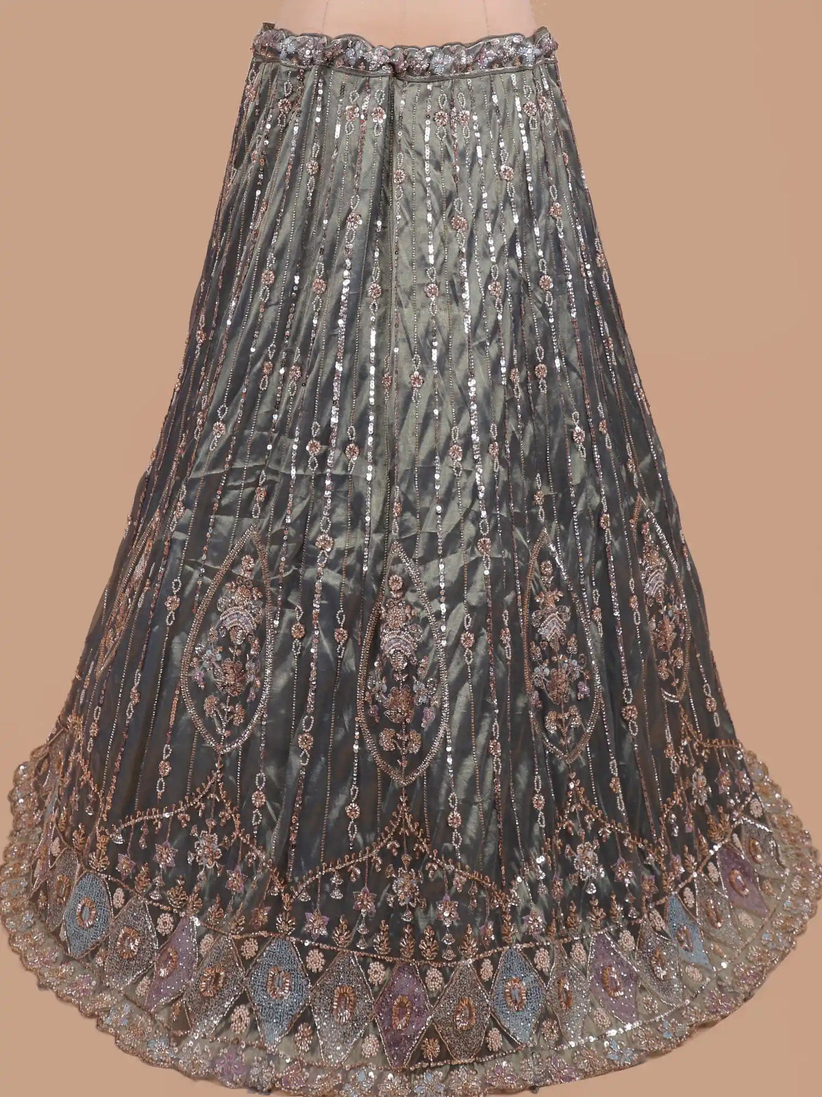 Dazzling Metallic Green Unstitched Lehenga with Floral Vine Embroidery