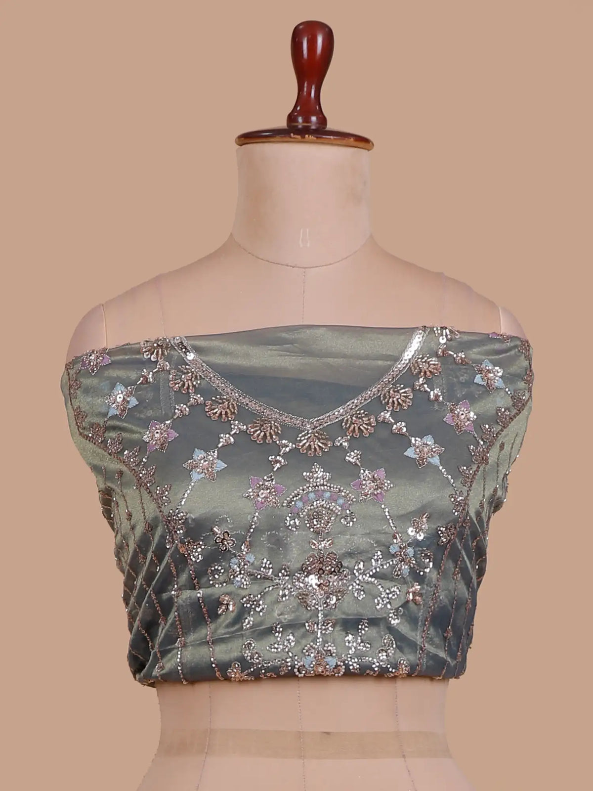 Dazzling Metallic Green Unstitched Lehenga with Floral Vine Embroidery