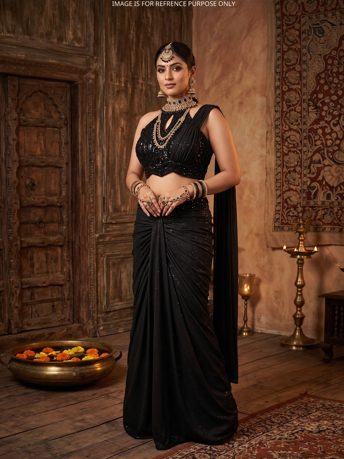 Midnight Black Pre Drape Saree with Floral Sequin Bead Embroidery