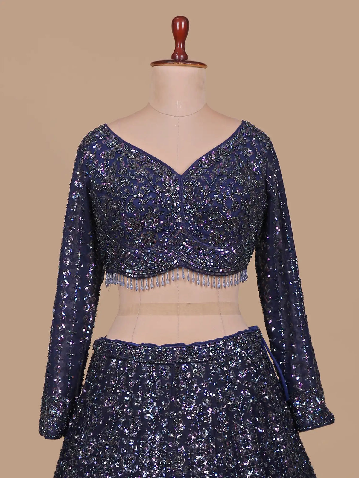 Glamorous Midnight Blue Designer Lehenga with Beaded Floral Patterns