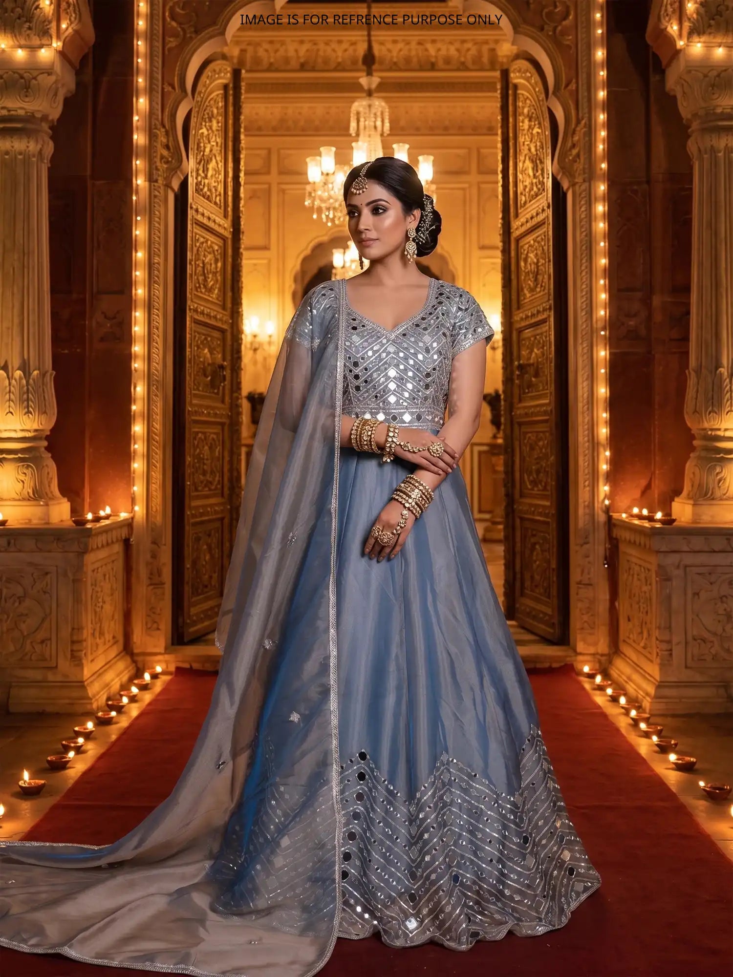 Mint Blue Designer Anarkali Gown With Statement Mirror Gota Work