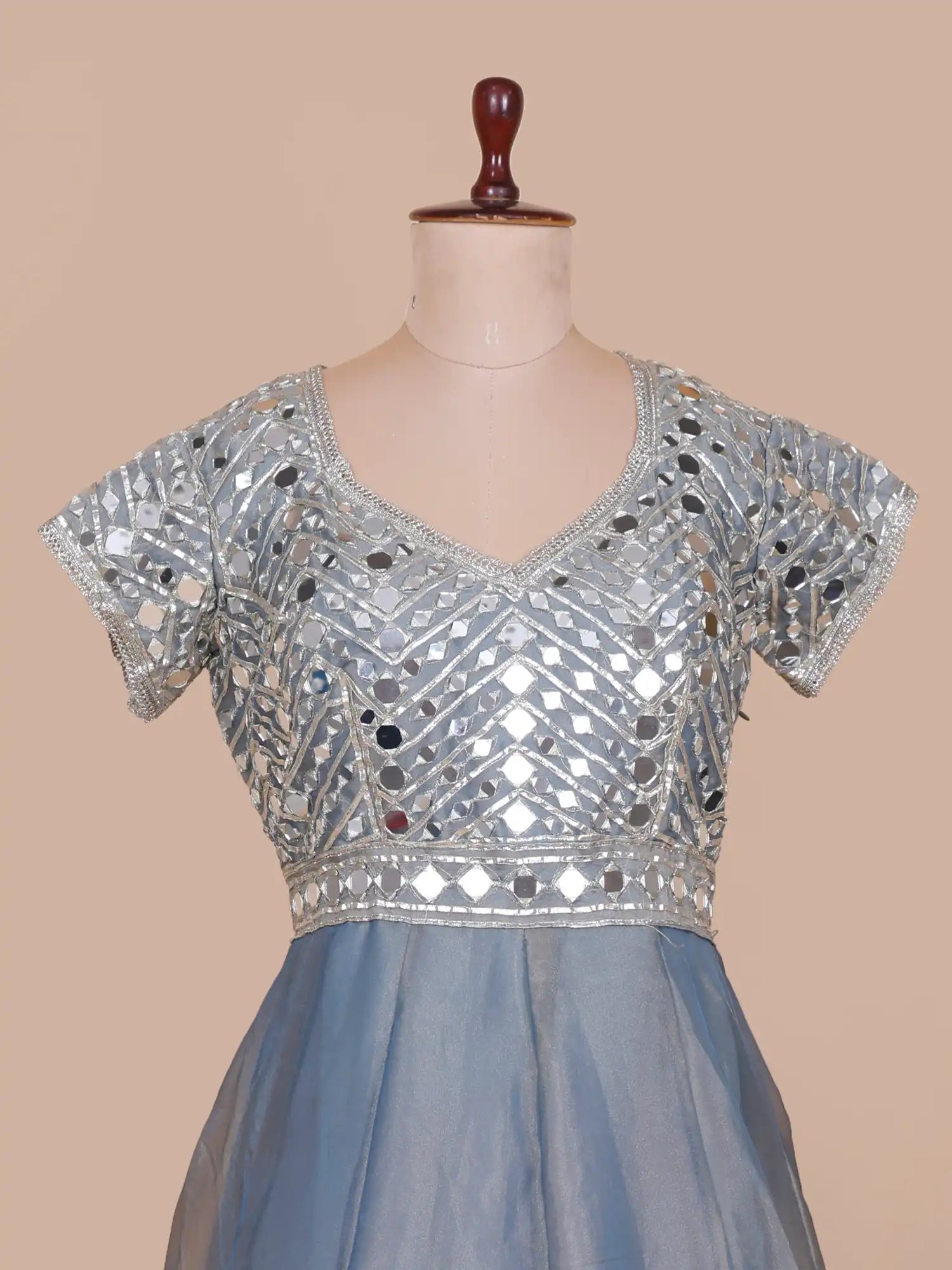 Mint Blue Designer Anarkali Gown With Statement Mirror Gota Work