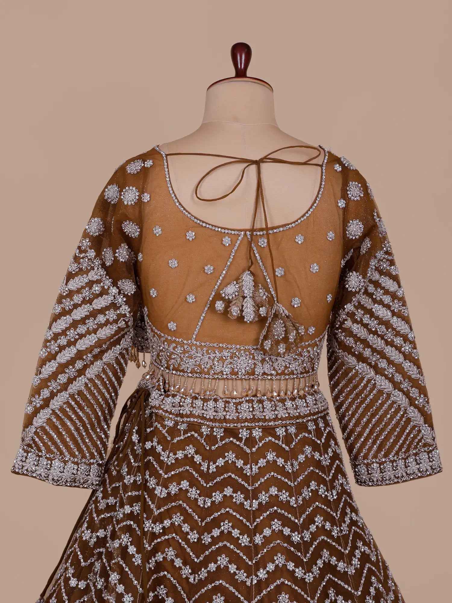 Shop Luxury Brown Net Lehenga Choli With Designer Embroidery For Wedding Functions