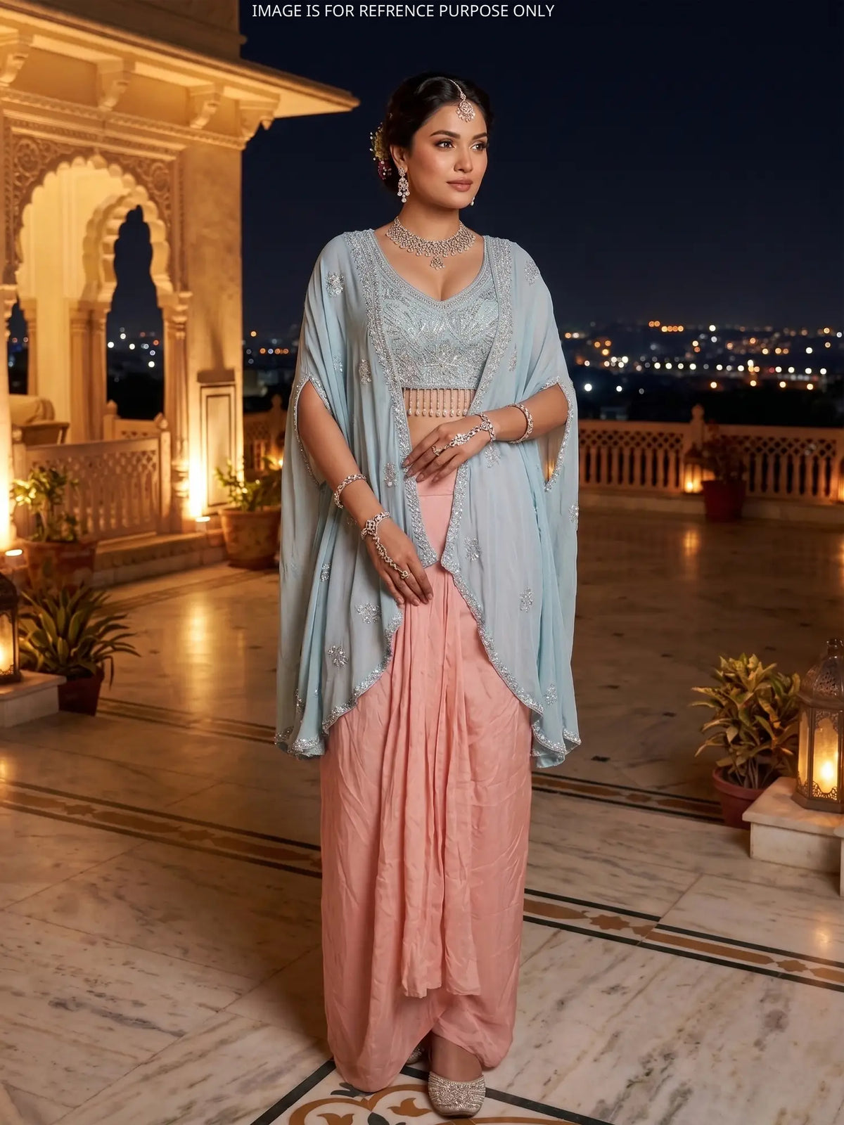 Modern Dual Shade Georgette Chinon Indo Western Suit With Unique Shrug