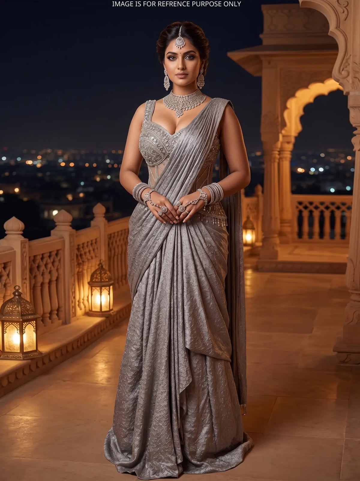 Modern Grey Imported Drape Saree Accented By Cut Dana Sequin Work