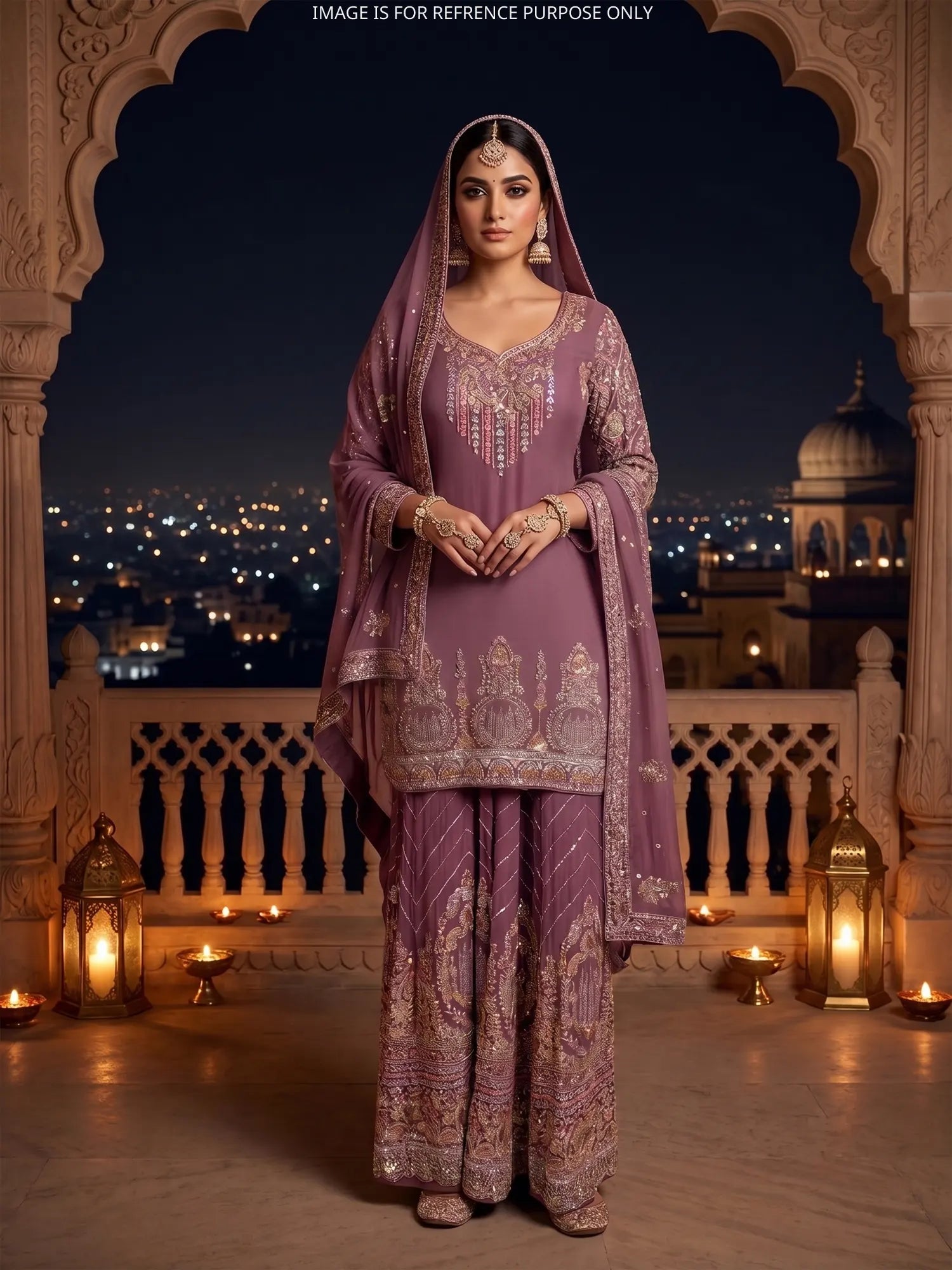 Modern Magenta Georgette Palazzo Suit With Traditional Bead Threadwork