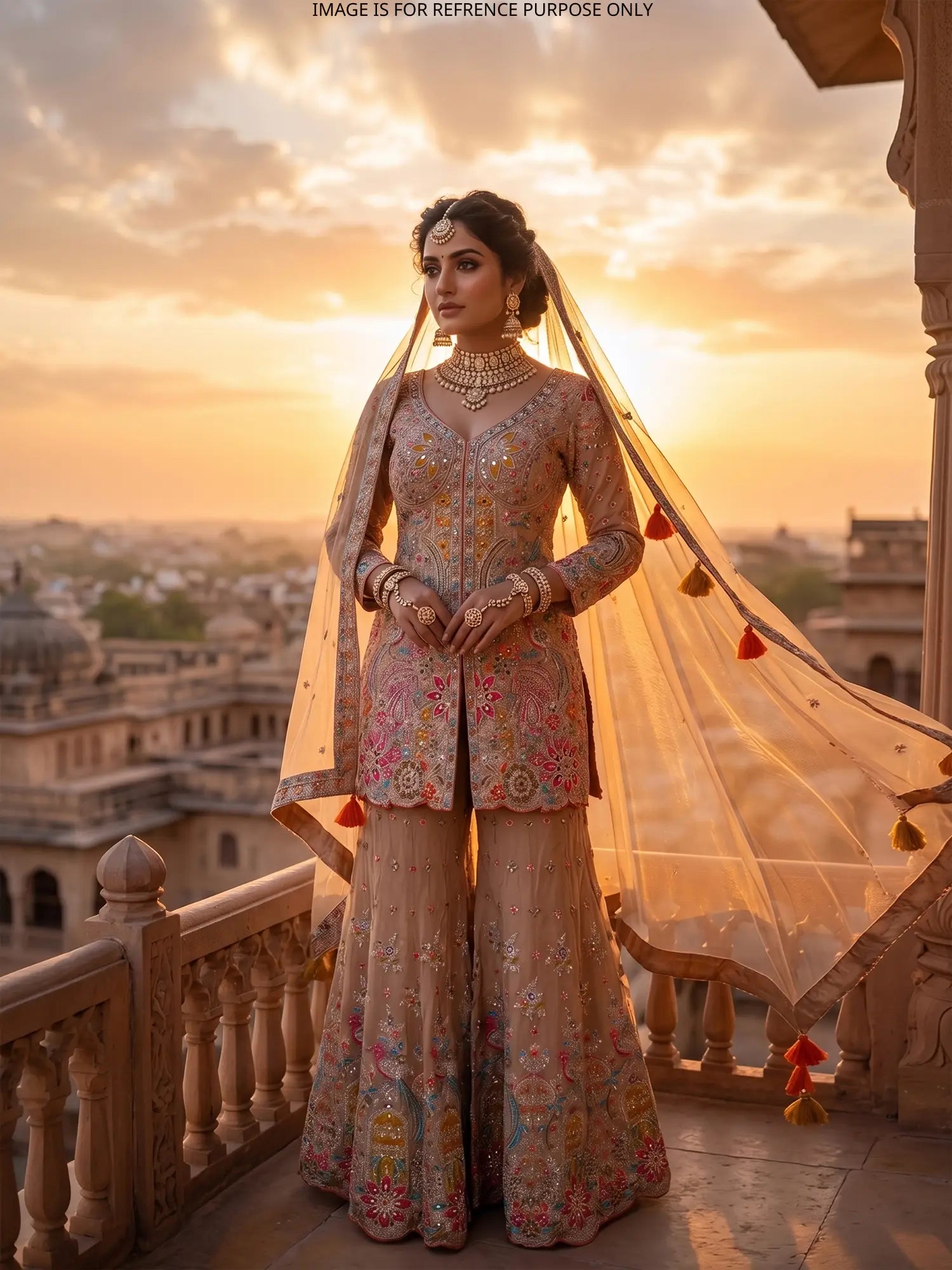 Modern Muse Beige Chinon Indo Western Palazzo Suit In Cut Dana Pearl Work