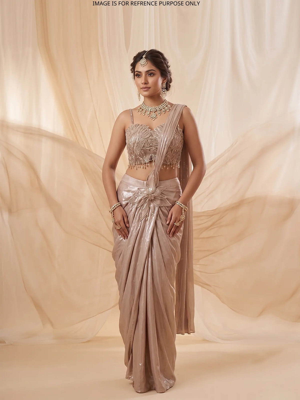 Modern Onion Pink Indo Western Pre Drape Saree with Embellished Leaf Blouse