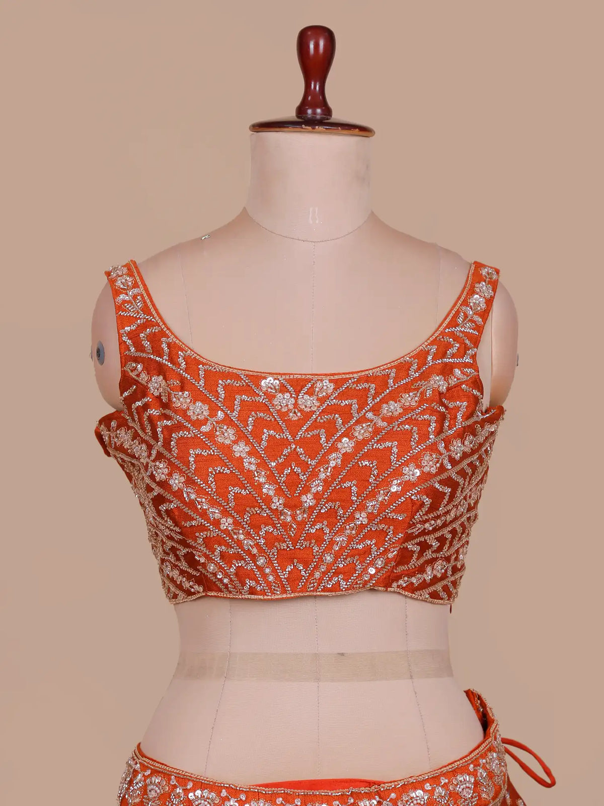 Rust Orange Silk Couture Jacket Style Lehenga Featuring Crystal Pearl Detailing