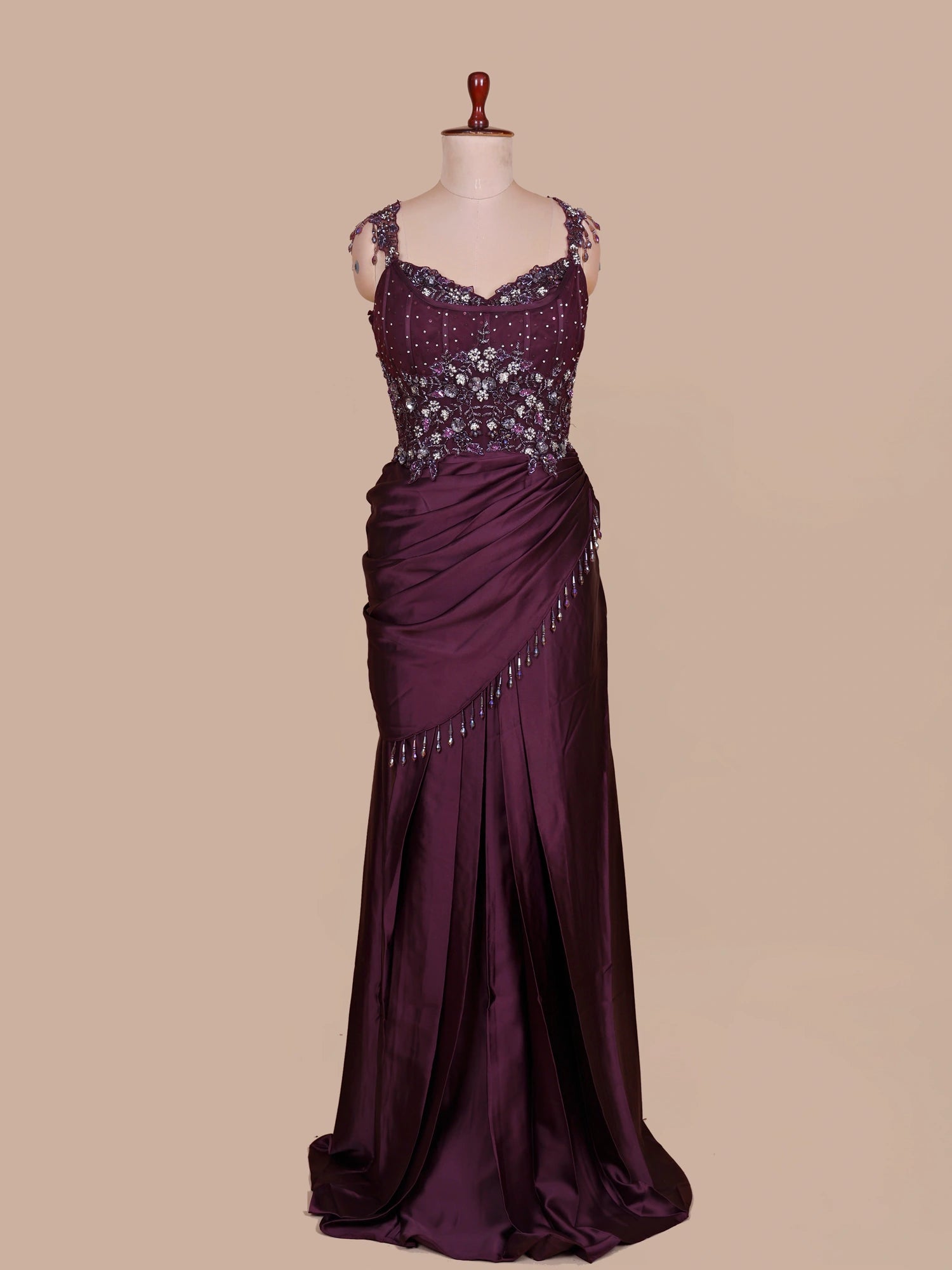 Buy Wine Satin Silk Indo Western Saree With Exquisite Sequin Crystal Detailing