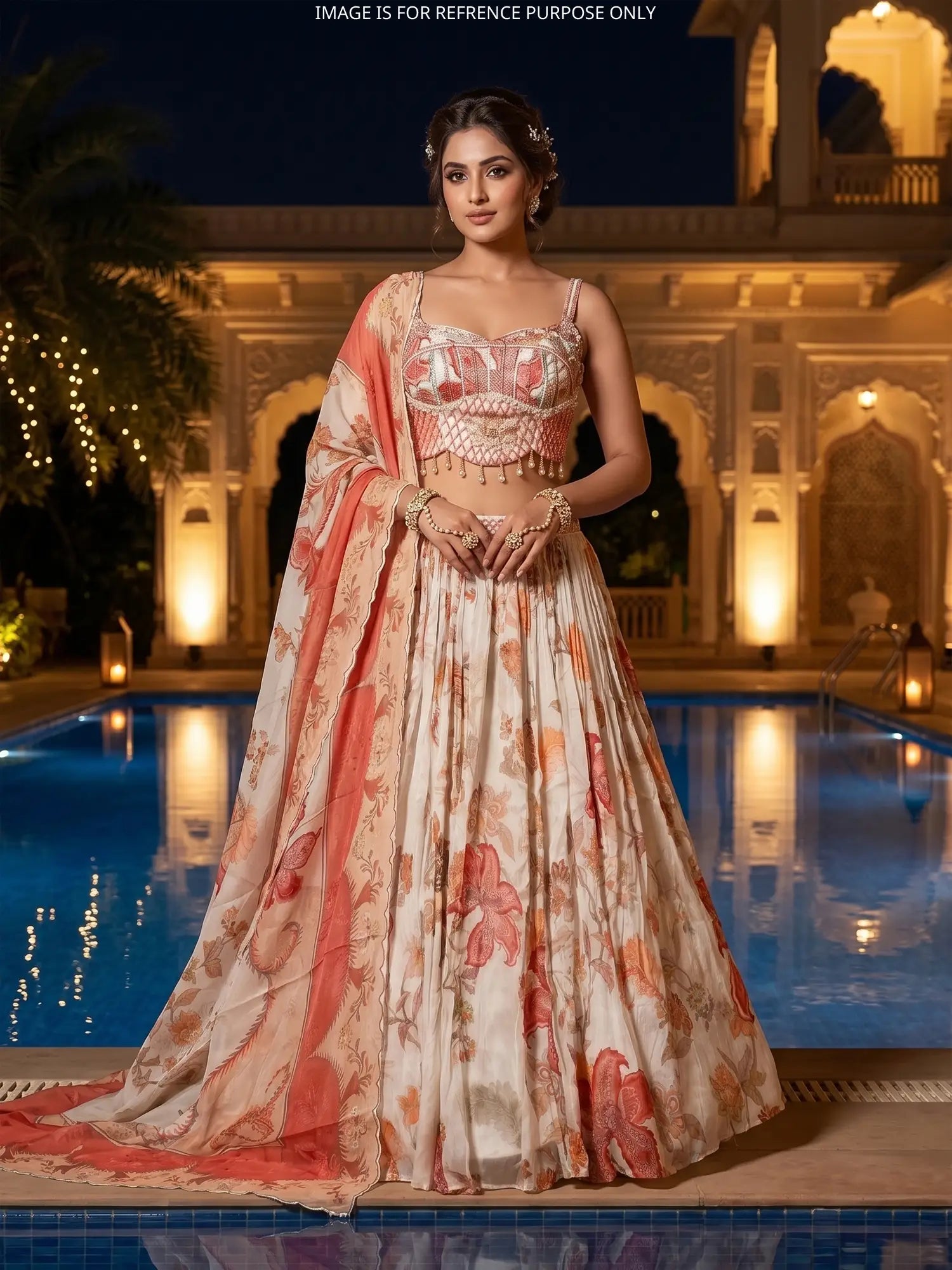 Multi Color Floral Designer Crepe Silk Lehenga With Moti Design
