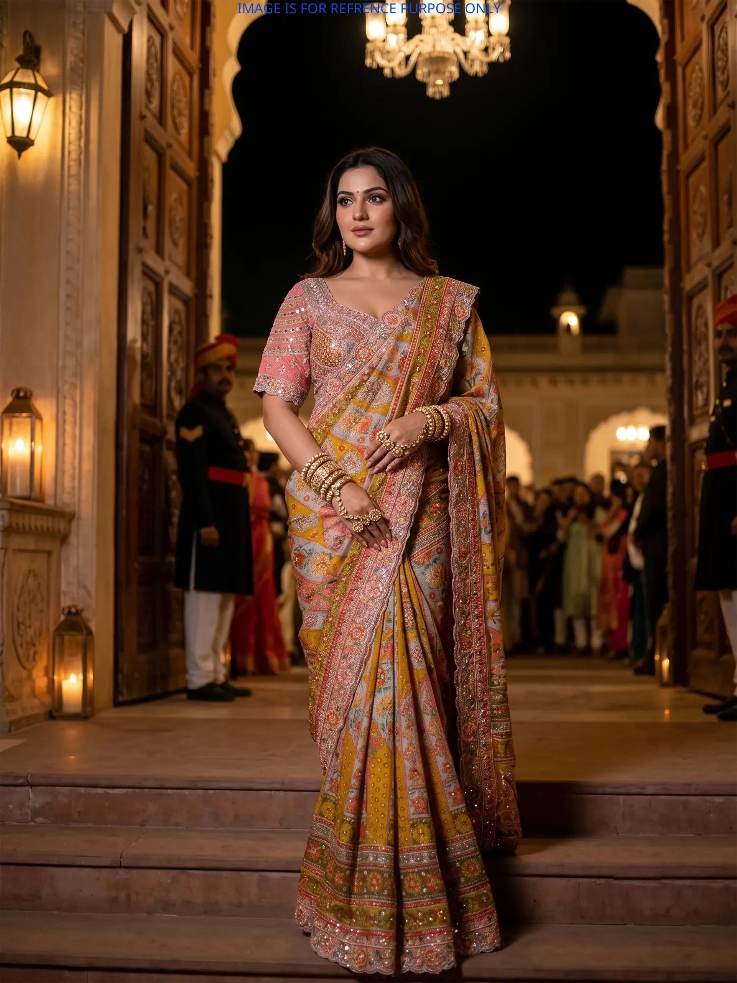 Multicolor Couture Printed Silk Saree Showcasing Diamond Moti Work