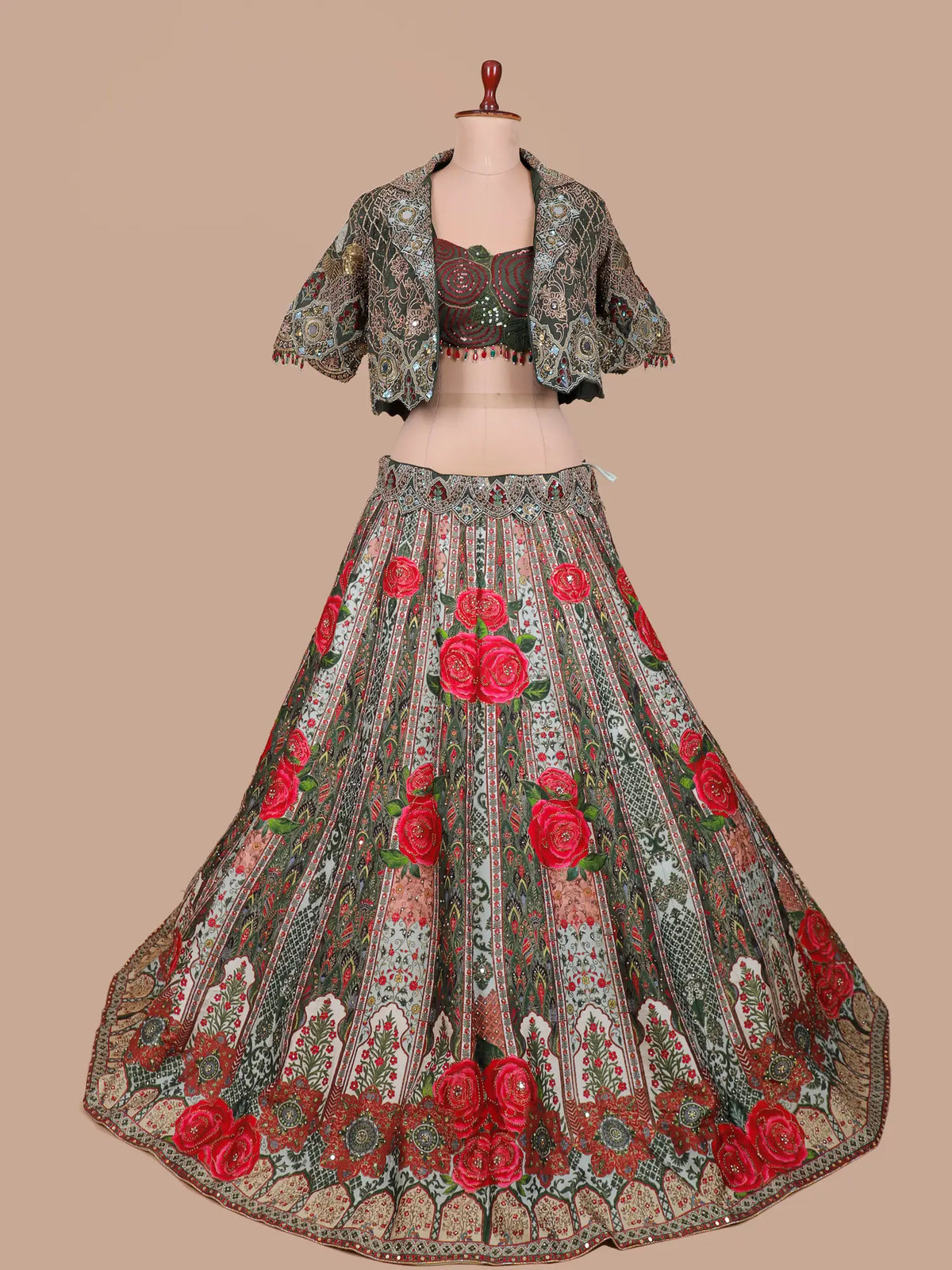 Exclusive Multicolor Silk Lehenga with Red Rose Print and Beaded Jacket