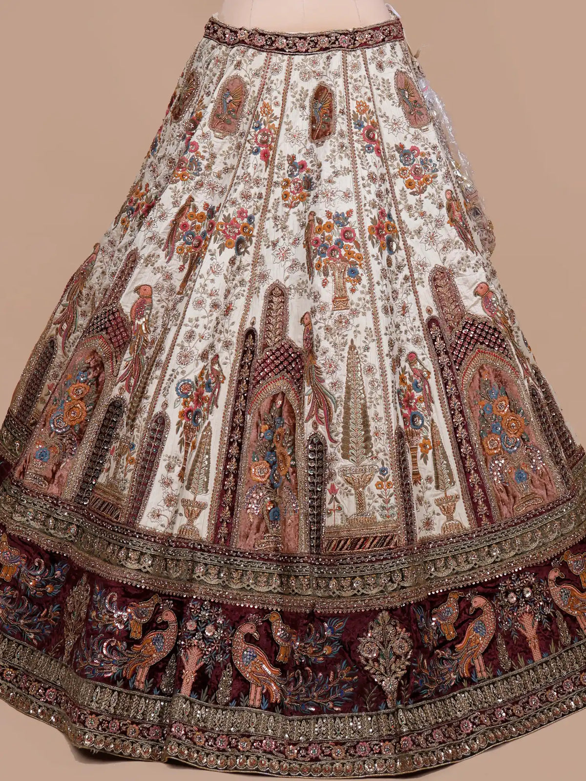 Discover Multicolor Silk Designer Lehenga With Velvet Patch and Nature Embroidery