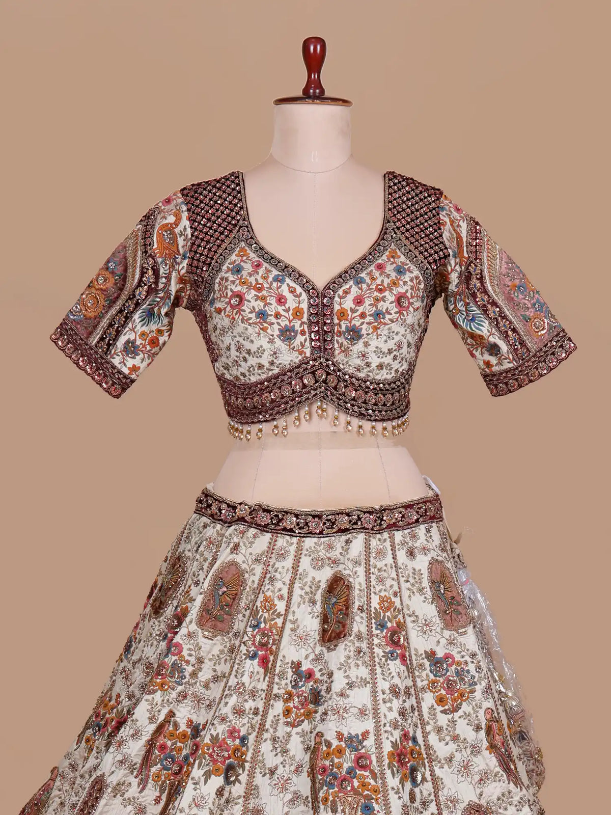 Discover Multicolor Silk Designer Lehenga With Velvet Patch and Nature Embroidery