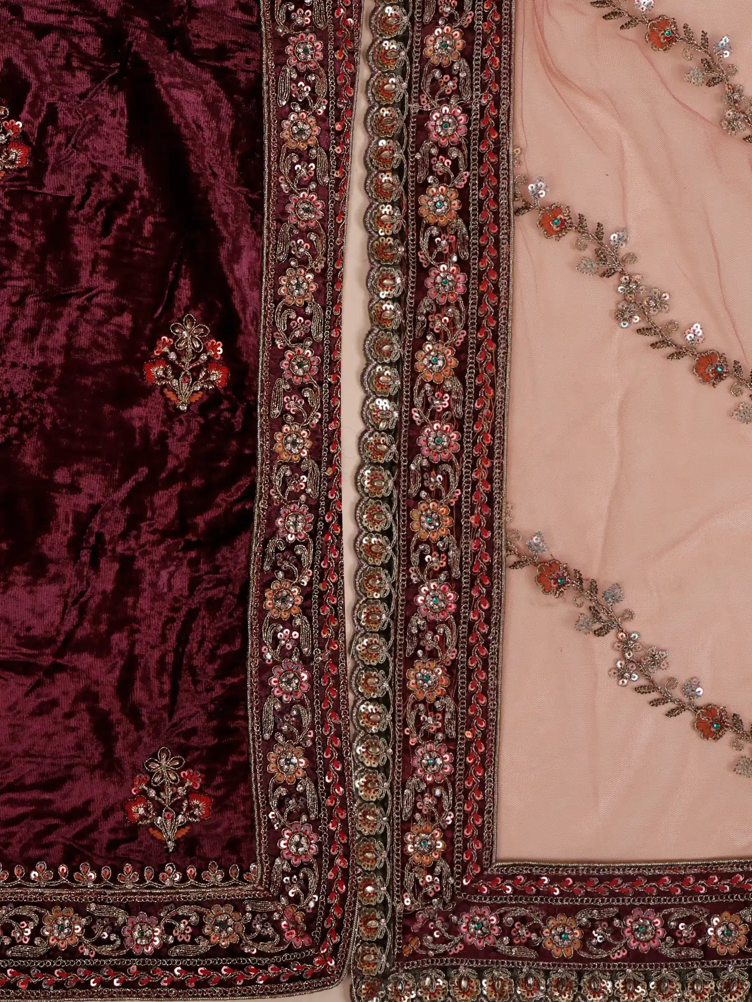 Discover Multicolor Silk Designer Lehenga With Velvet Patch and Nature Embroidery