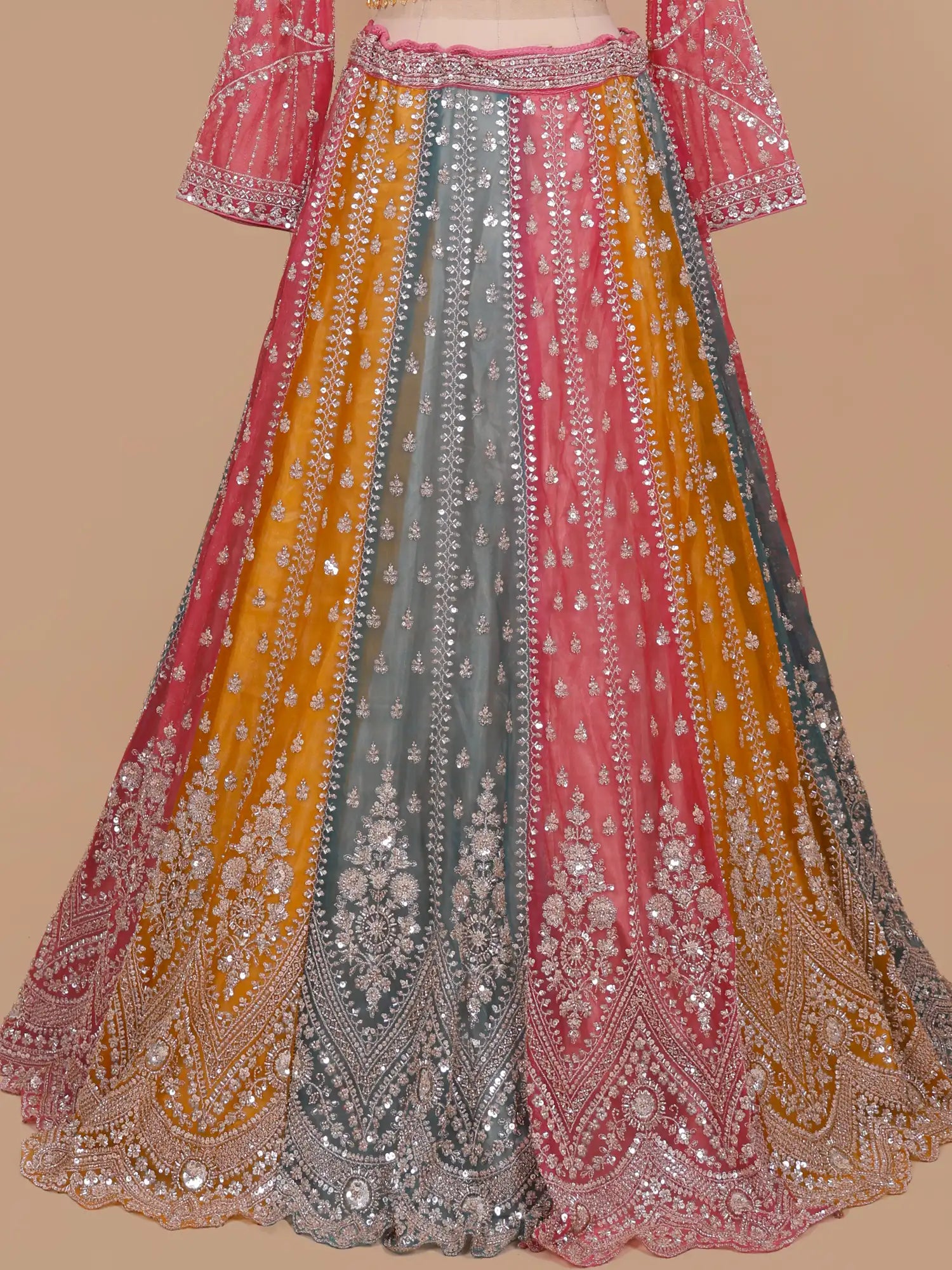 Get Multi Colour Organza Lehenga Choli Online In Intricate Moti Art