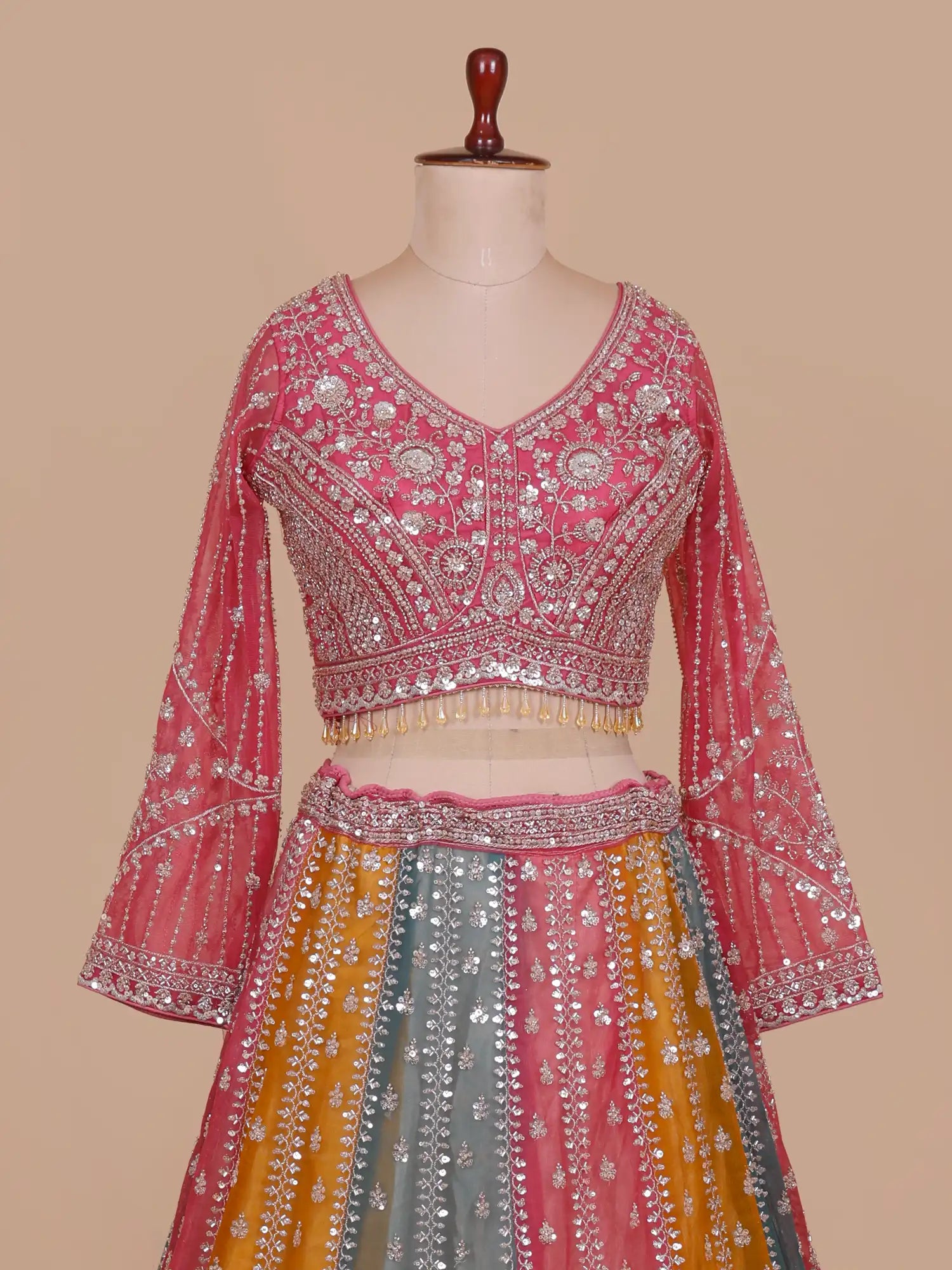 Get Multi Colour Organza Lehenga Choli Online In Intricate Moti Art