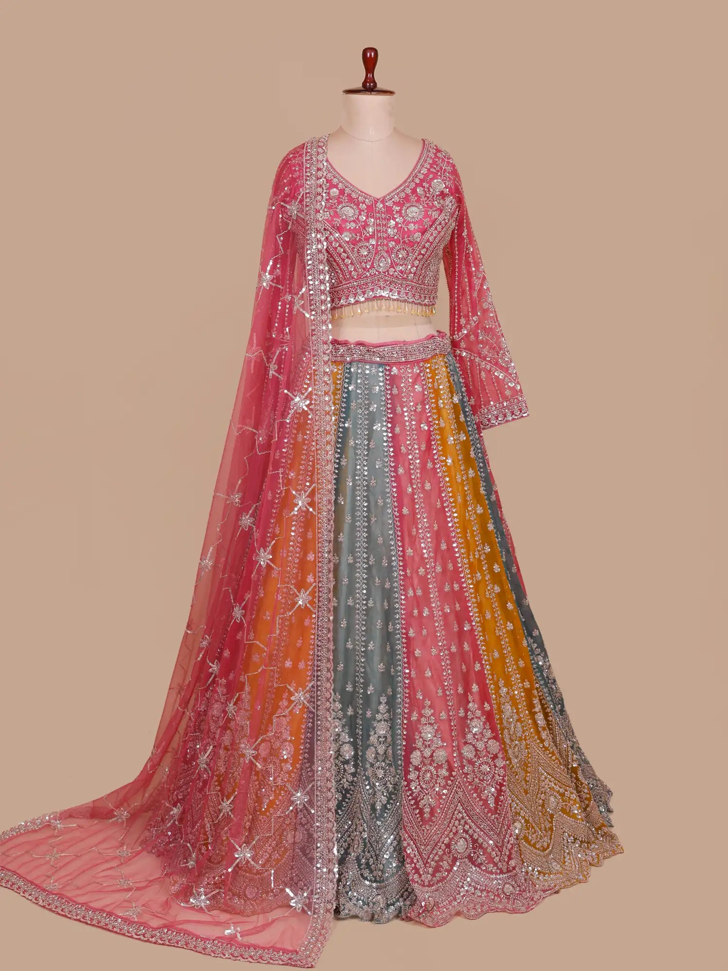 Get Multi Colour Organza Lehenga Choli Online In Intricate Moti Art