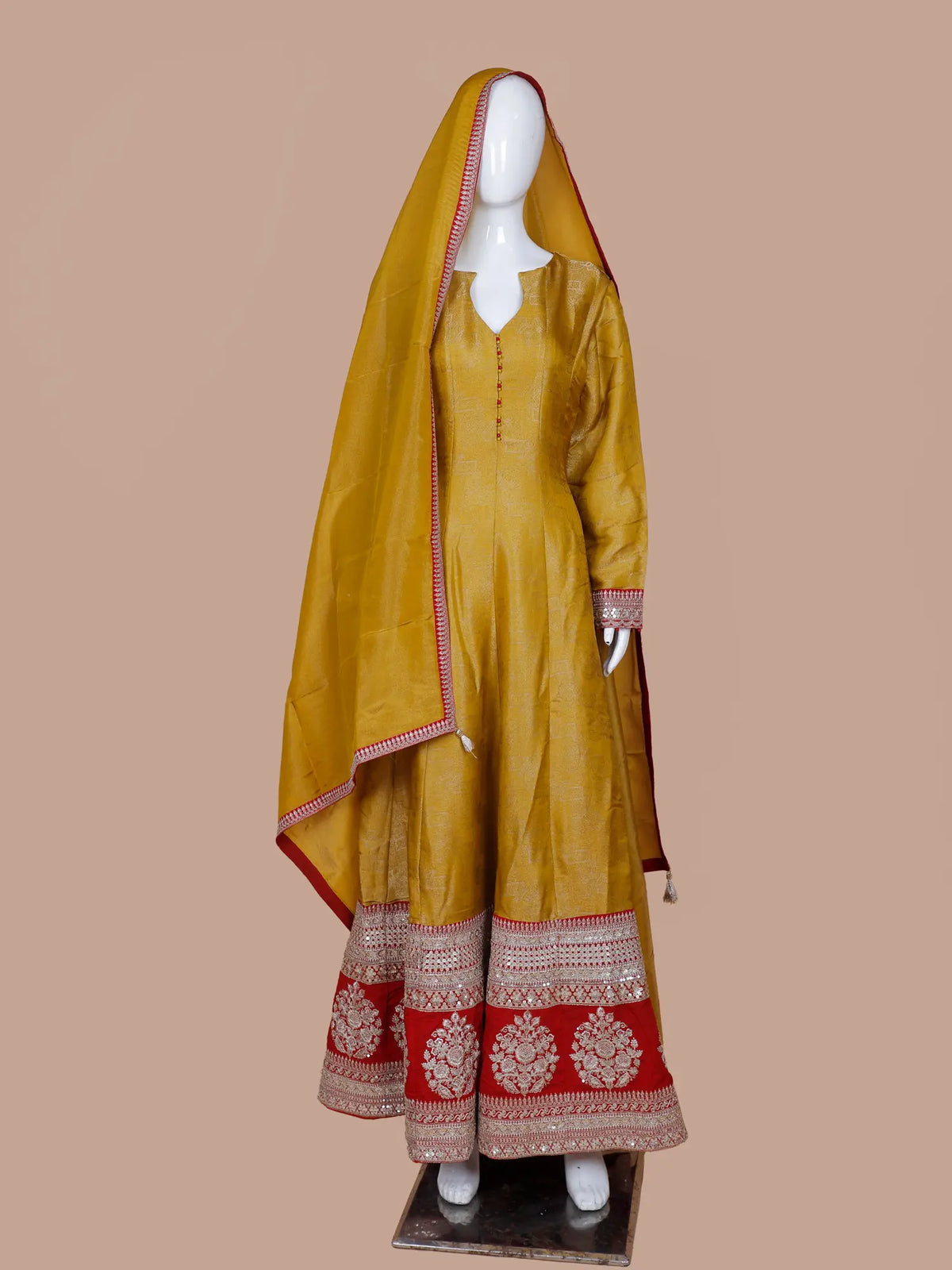 Dress Up In Mustard Yellow Banarasi Silk Anarkali Gown Featuring Sequin Work