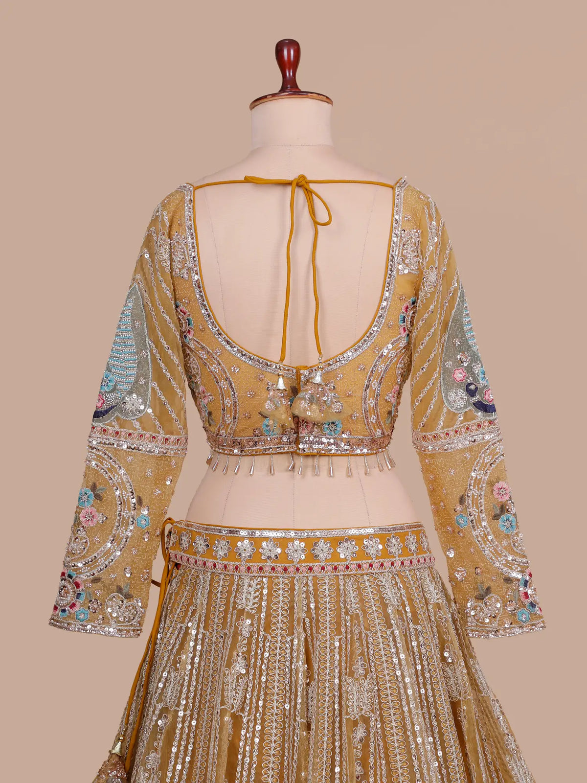 Choose Mustard Yellow Net Embellished Lehenga with Bird and Floral Embroidery