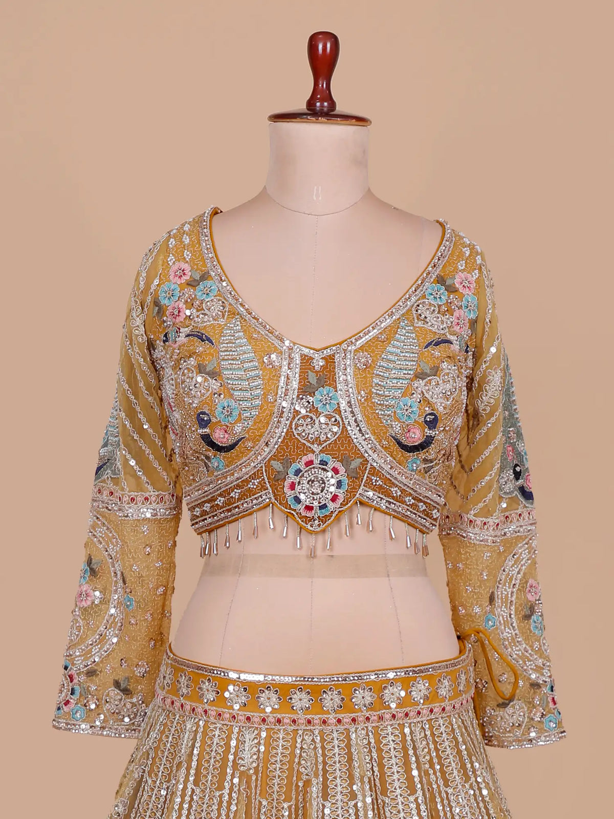 Choose Mustard Yellow Net Embellished Lehenga with Bird and Floral Embroidery