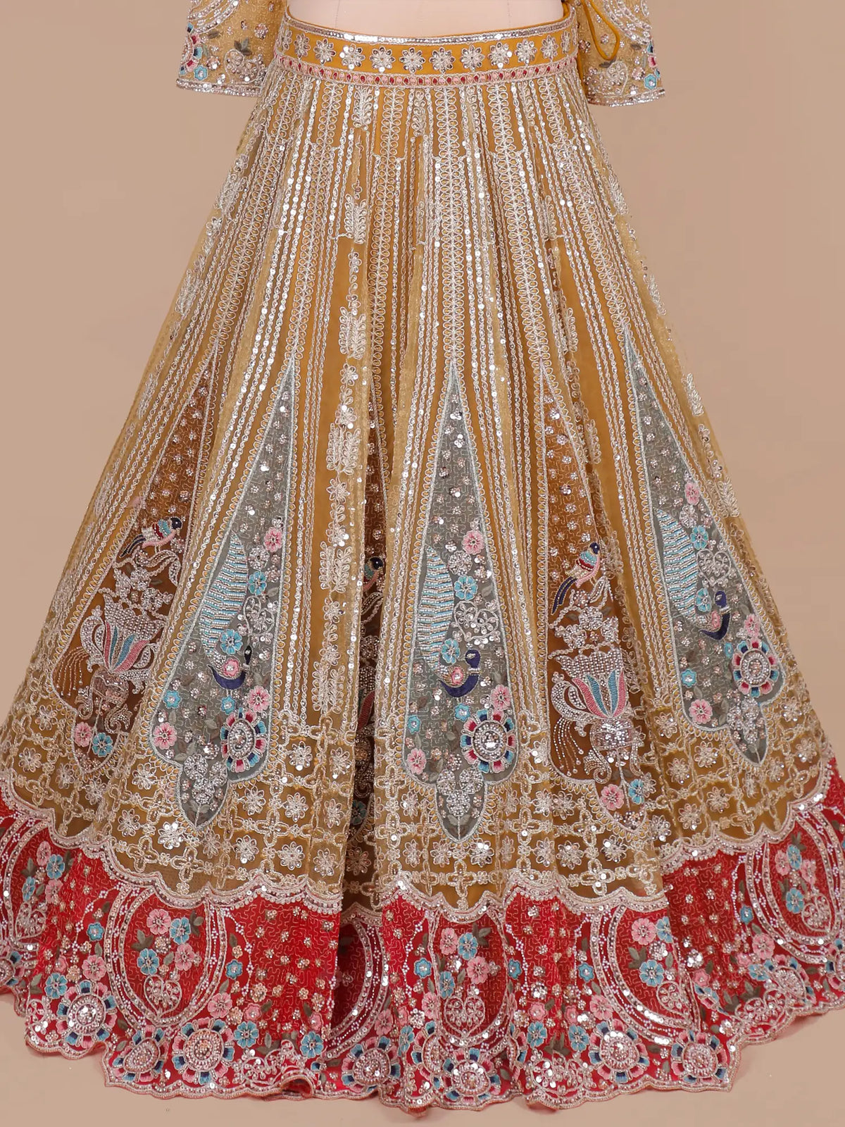Choose Mustard Yellow Net Embellished Lehenga with Bird and Floral Embroidery