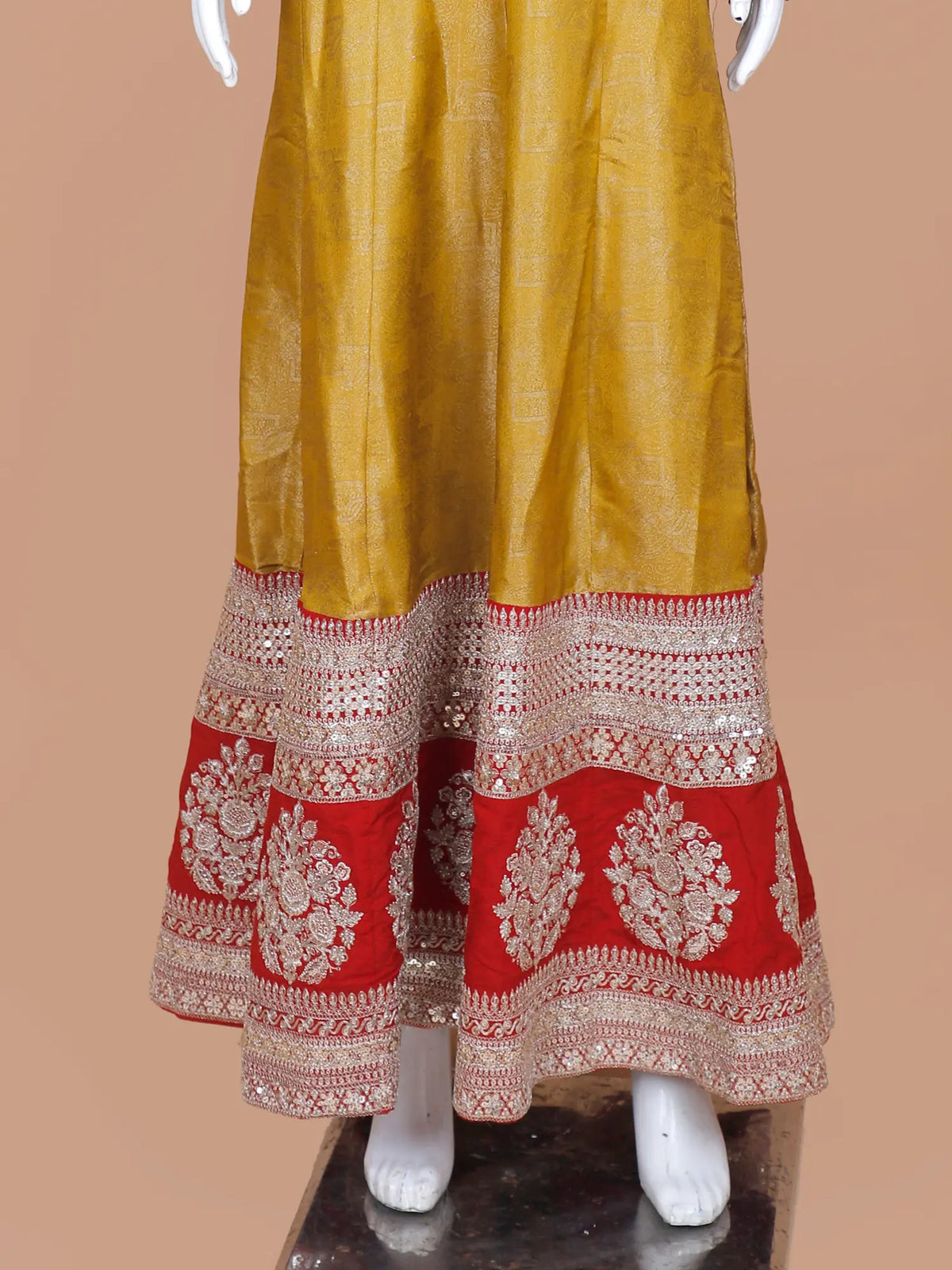 Dress Up In Mustard Yellow Banarasi Silk Anarkali Gown Featuring Sequin Work