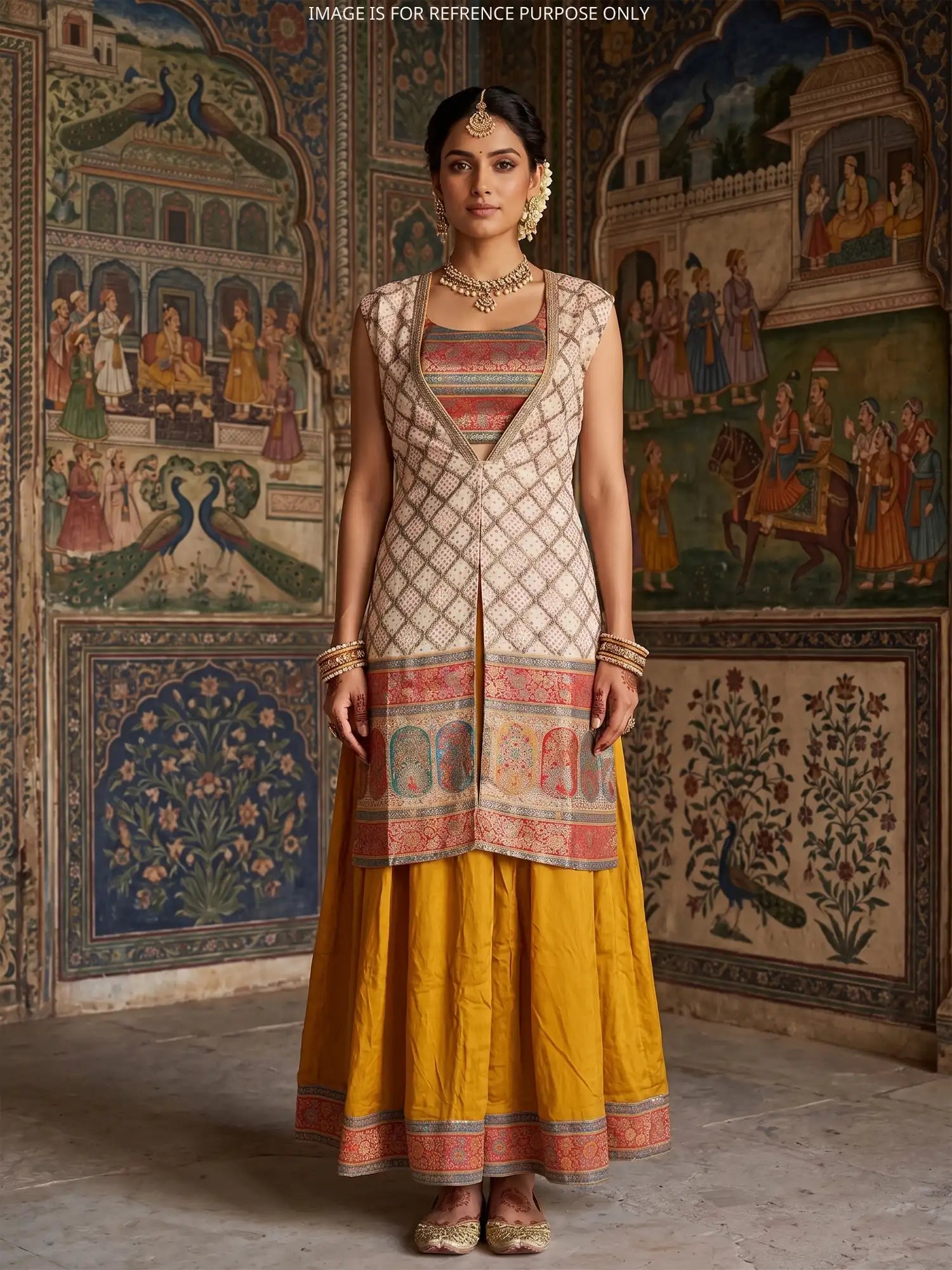 Mustard Yellow Silk Indo Western Palazzo Suit Featuring Long Shrug
