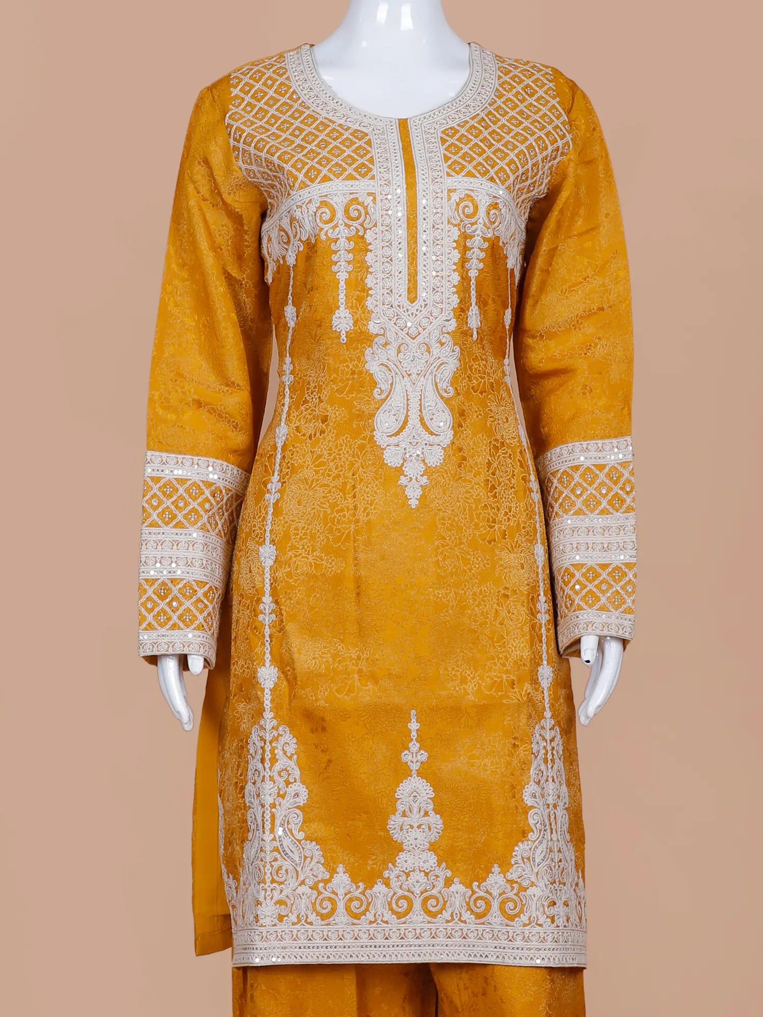 Style Mustard Yellow Banarasi Silk Suit Showcasing White Work