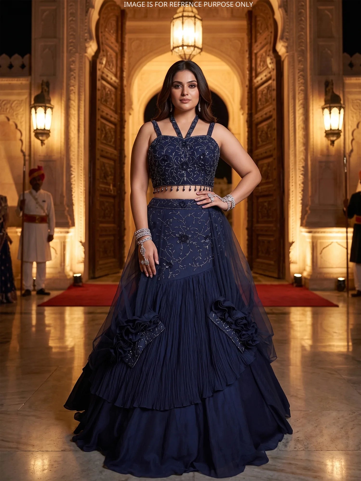 Navy Blue Couture Chinon Fishcut Lehenga With Light-Catching Crystal Work