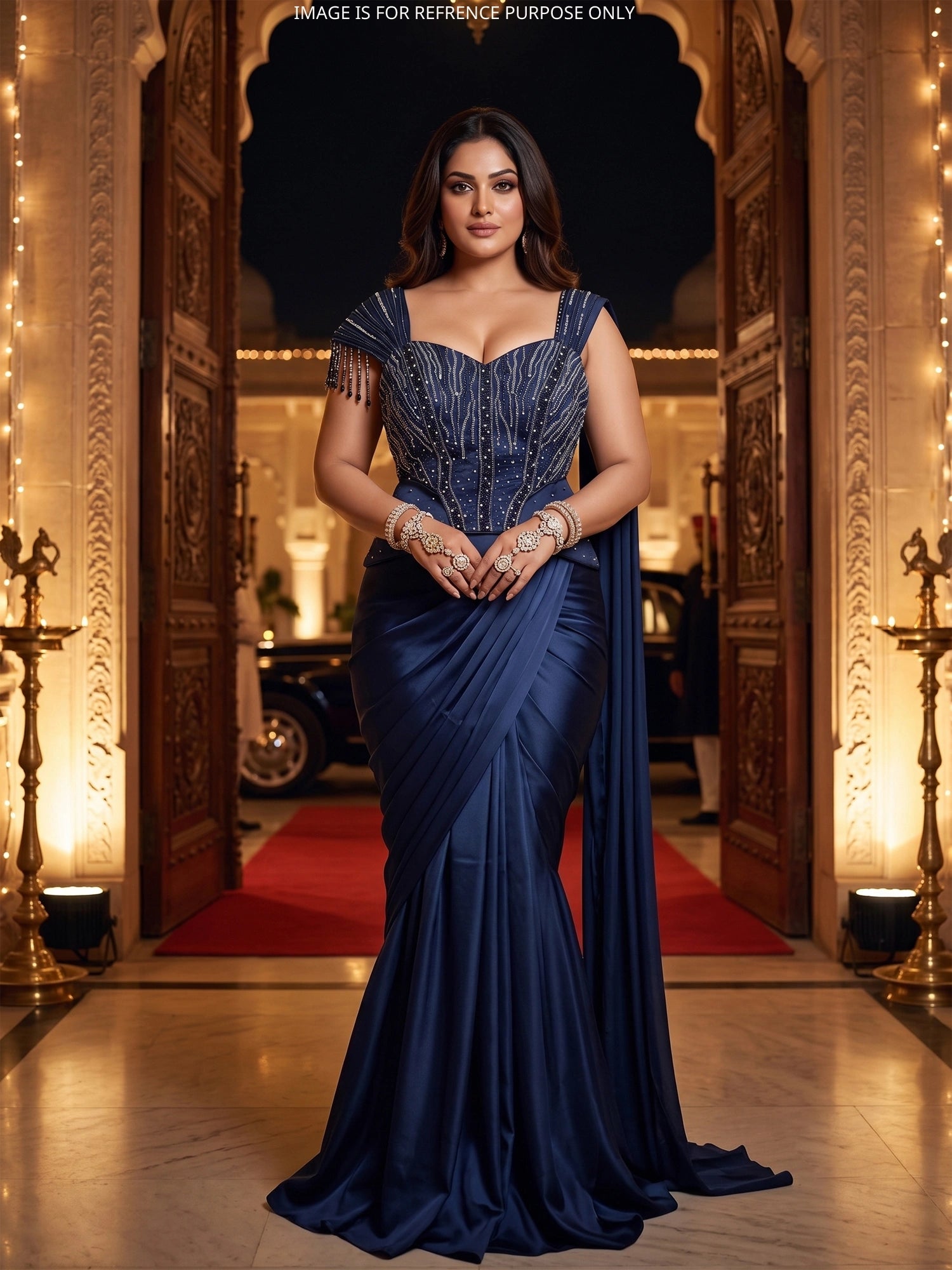 Navy Blue Modern Satin Silk Indo Western Saree With Signature Diamond Moti Detailing
